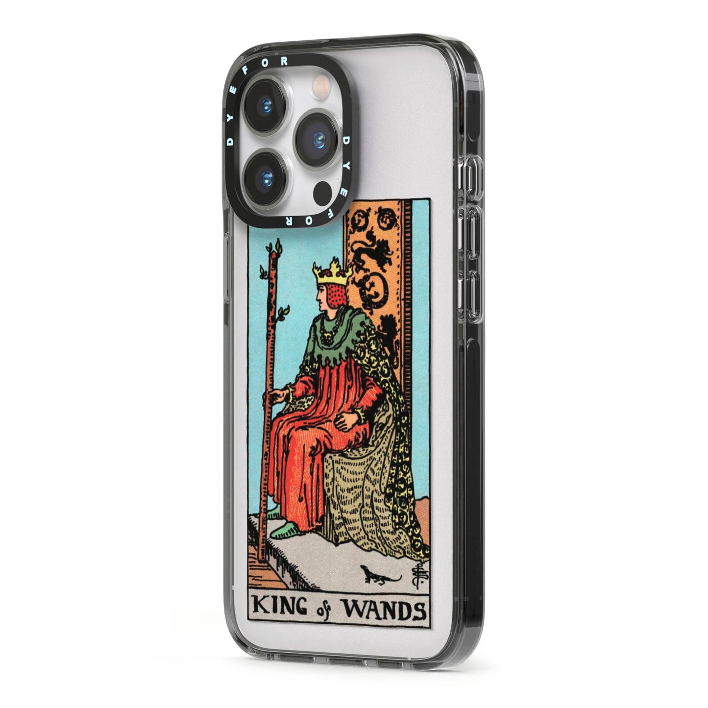 King of Wands Tarot Card iPhone 13 Pro Black Impact Case Side Angle on Silver phone