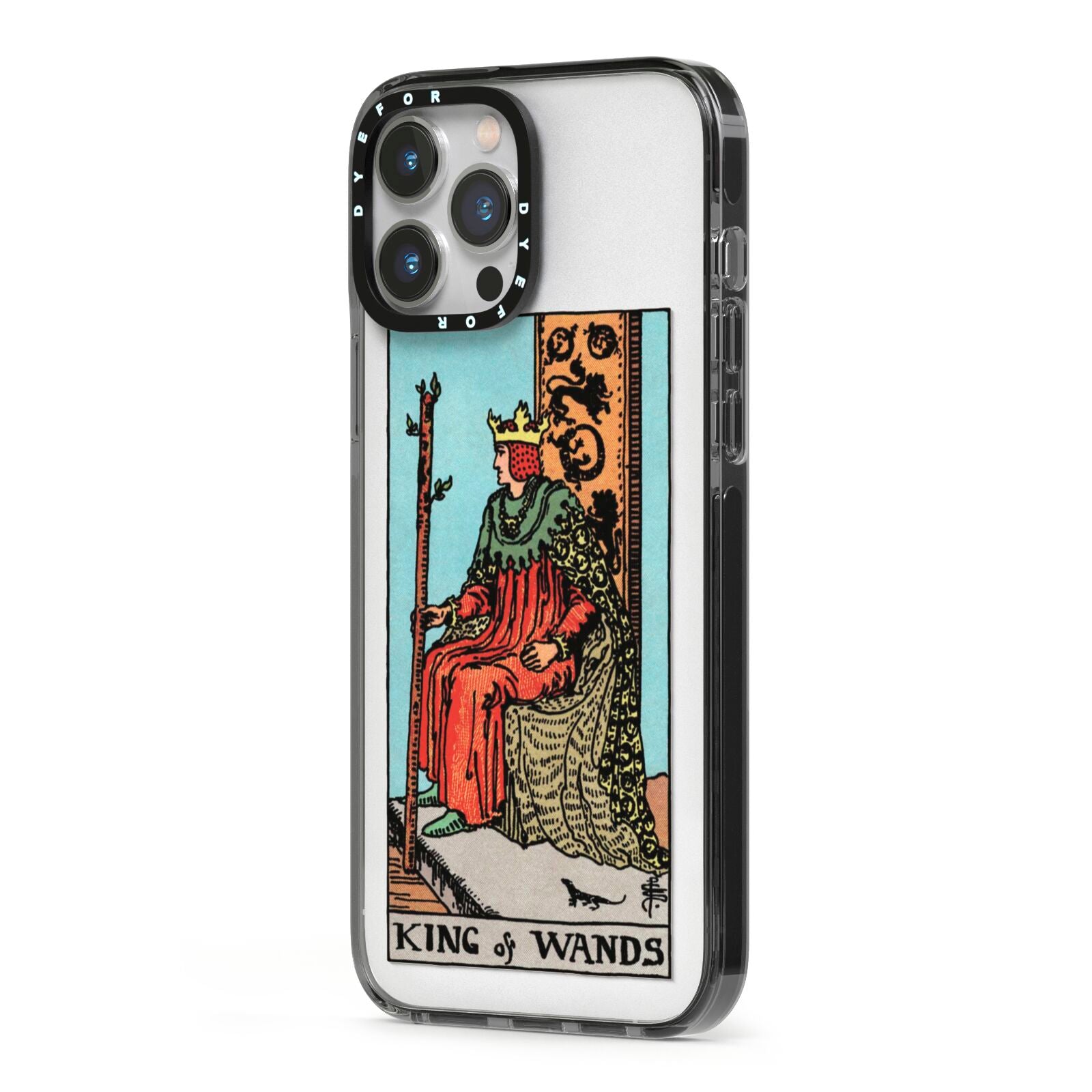 King of Wands Tarot Card iPhone 13 Pro Max Black Impact Case Side Angle on Silver phone