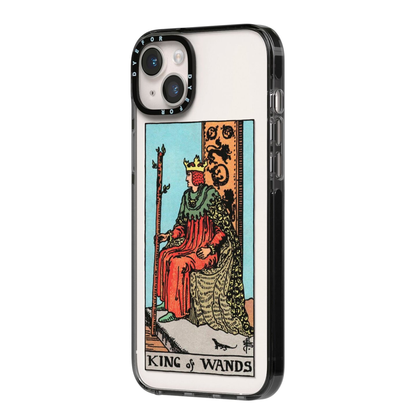 King of Wands Tarot Card iPhone 14 Plus Black Impact Case Side Angle on Silver phone