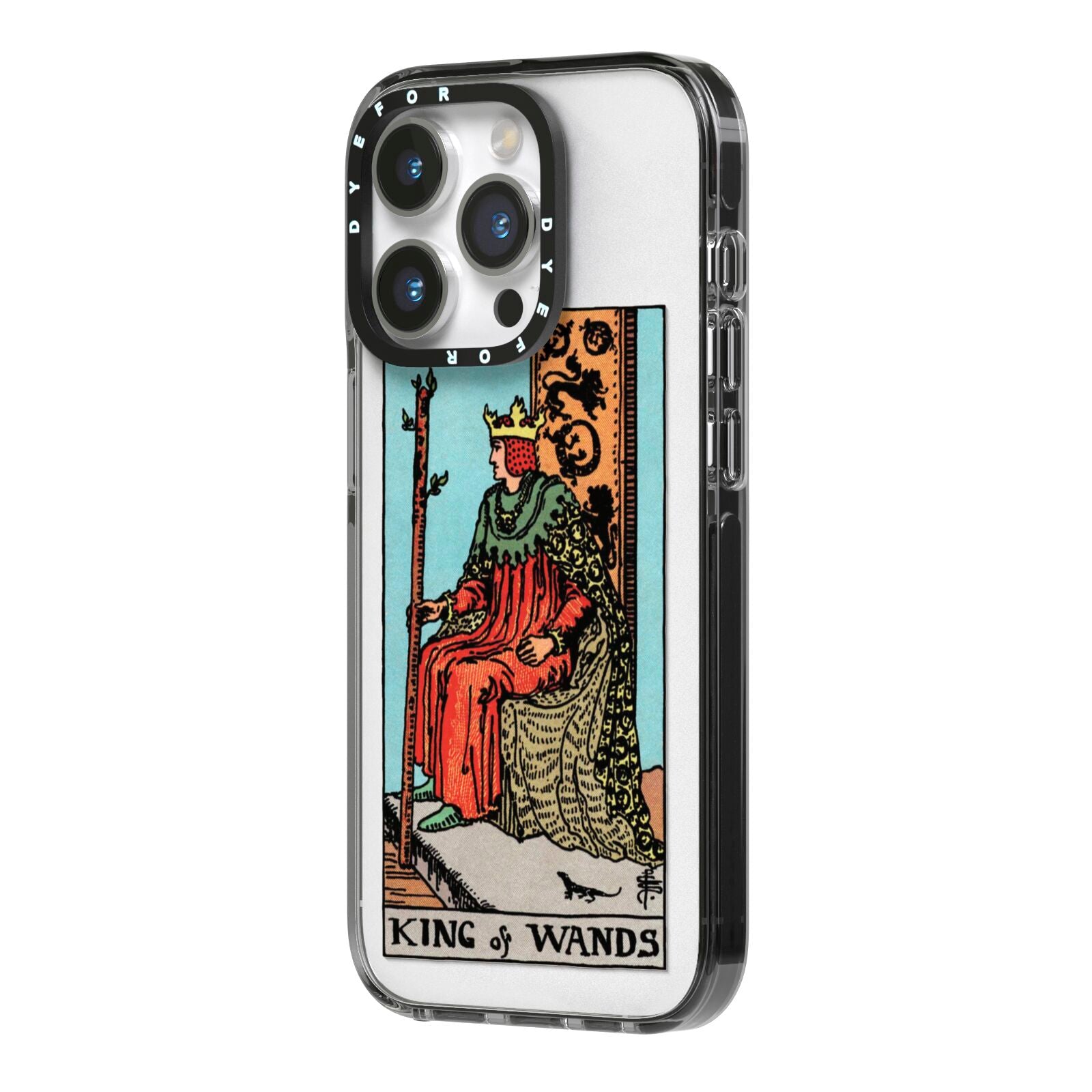 King of Wands Tarot Card iPhone 14 Pro Black Impact Case Side Angle on Silver phone