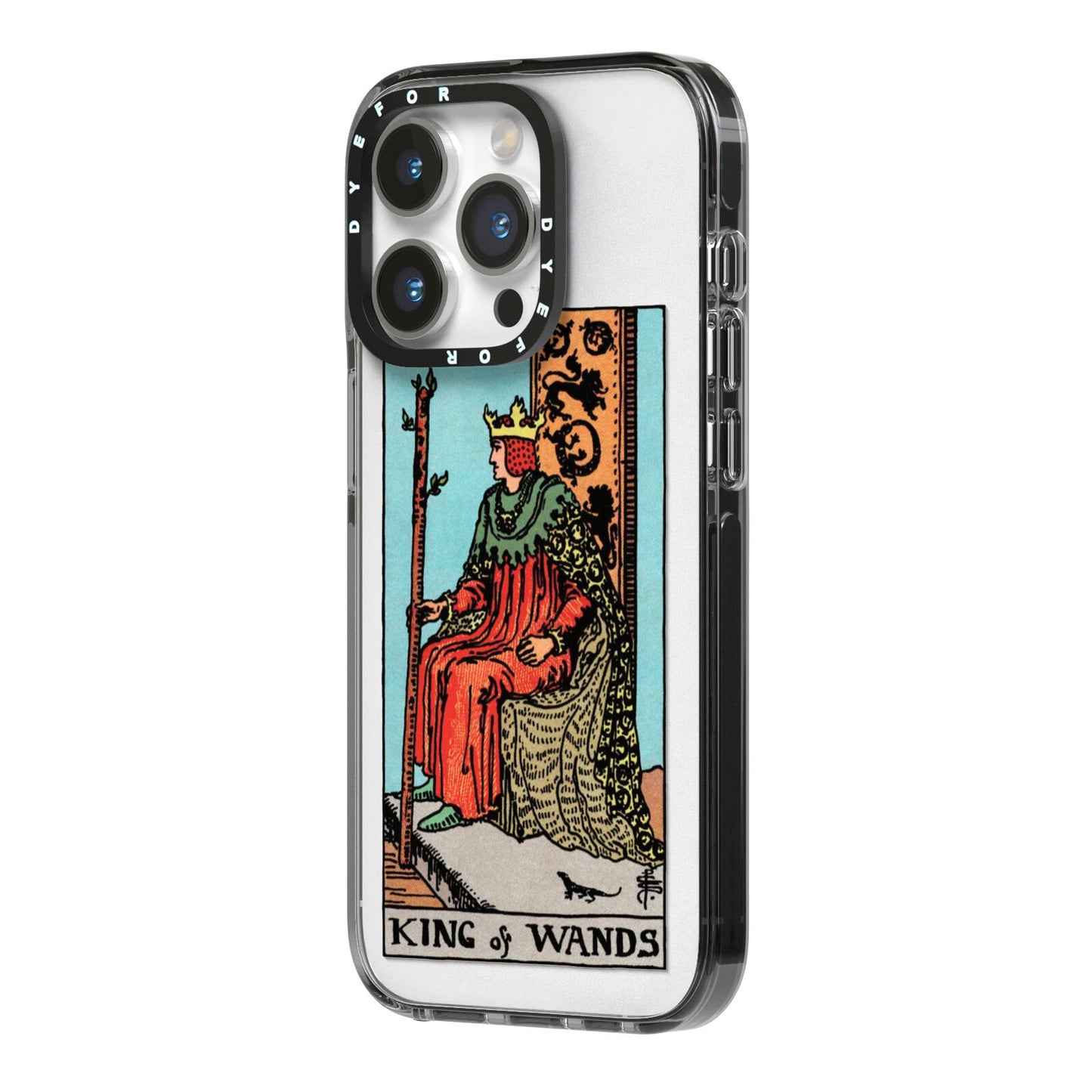 King of Wands Tarot Card iPhone 14 Pro Black Impact Case Side Angle on Silver phone