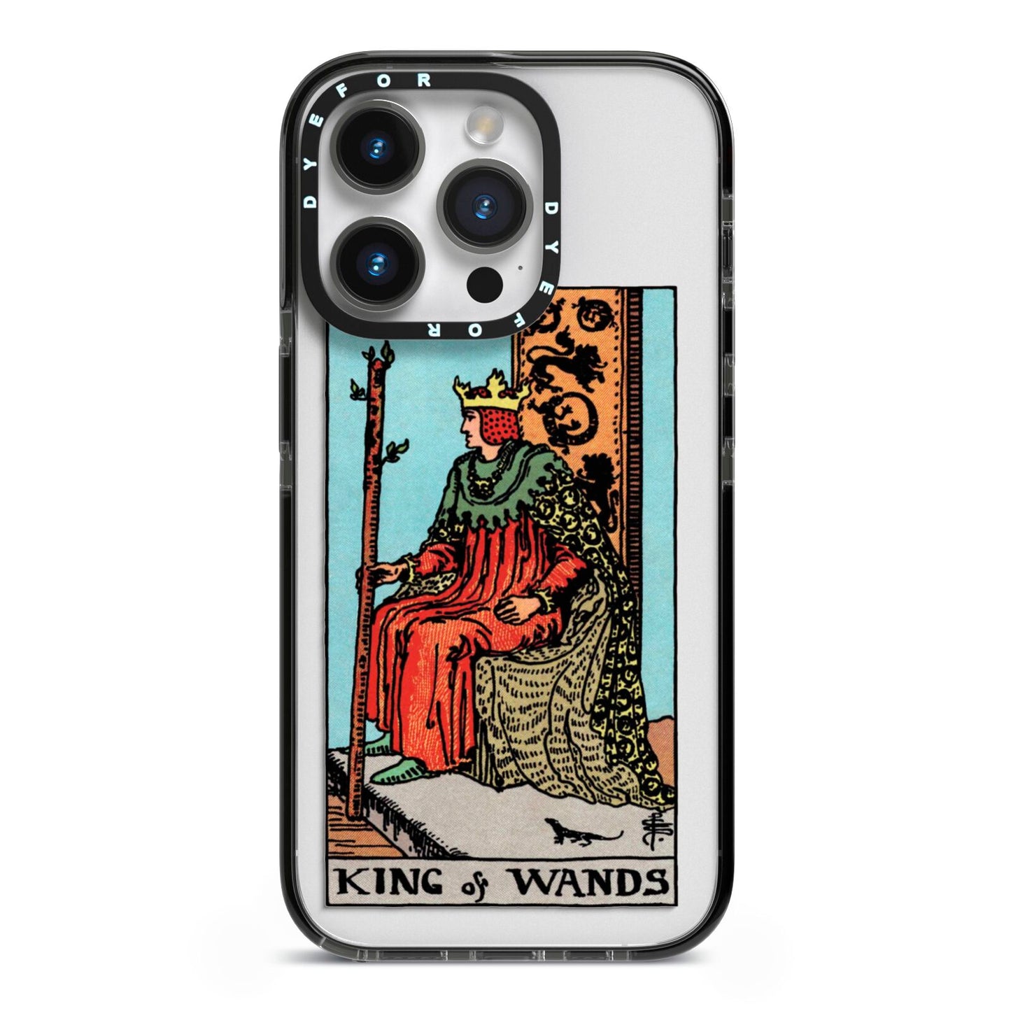 King of Wands Tarot Card iPhone 14 Pro Black Impact Case on Silver phone