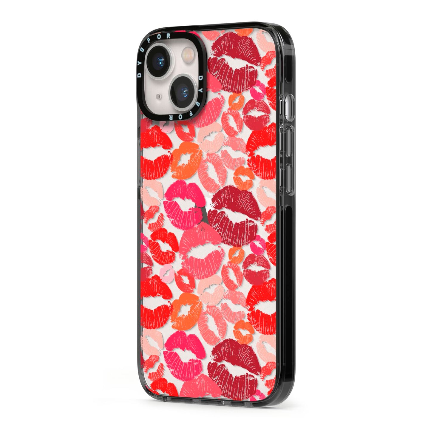 Kiss Print iPhone 13 Black Impact Case Side Angle on Silver phone