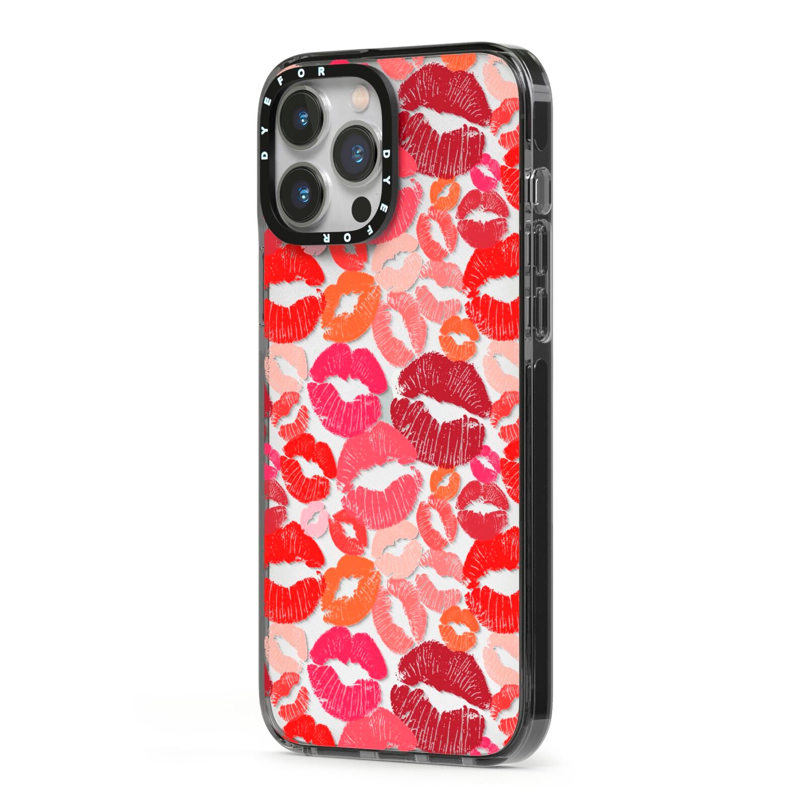 Kiss Print iPhone 13 Pro Max Black Impact Case Side Angle on Silver phone