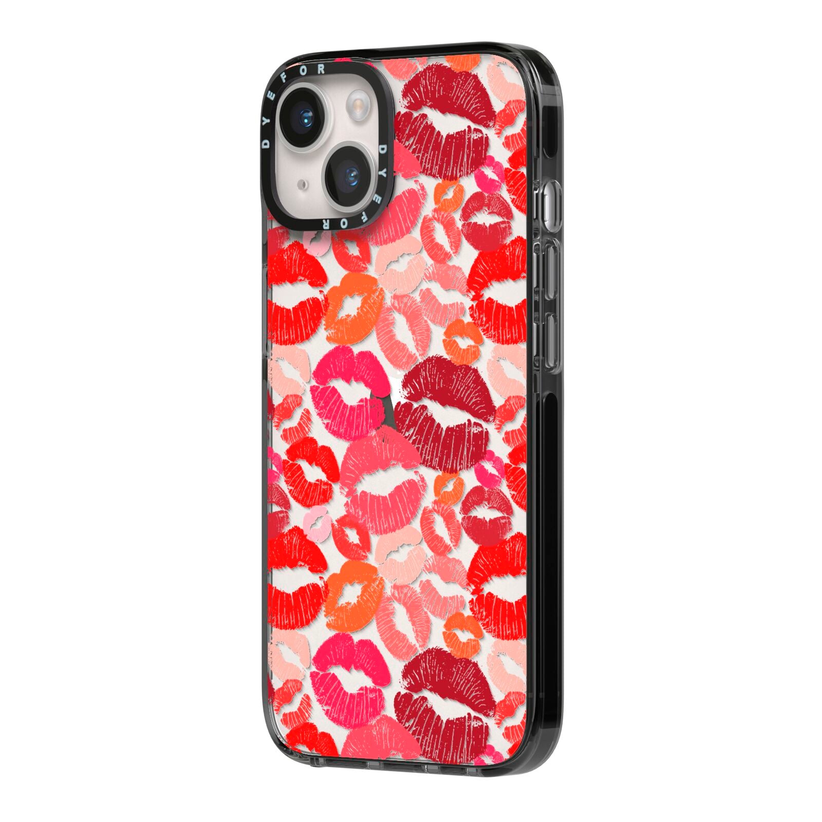 Kiss Print iPhone 14 Black Impact Case Side Angle on Silver phone