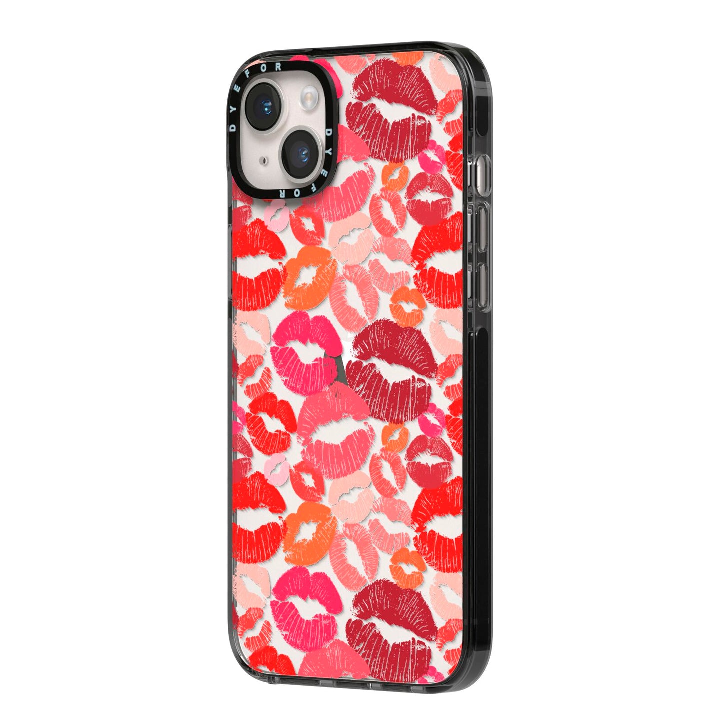 Kiss Print iPhone 14 Plus Black Impact Case Side Angle on Silver phone