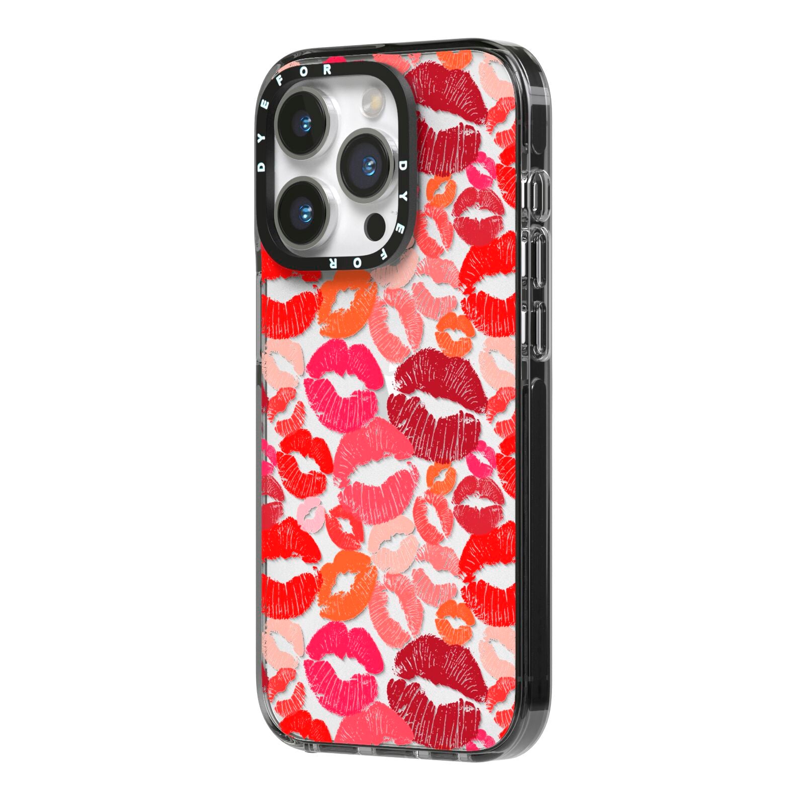 Kiss Print iPhone 14 Pro Black Impact Case Side Angle on Silver phone