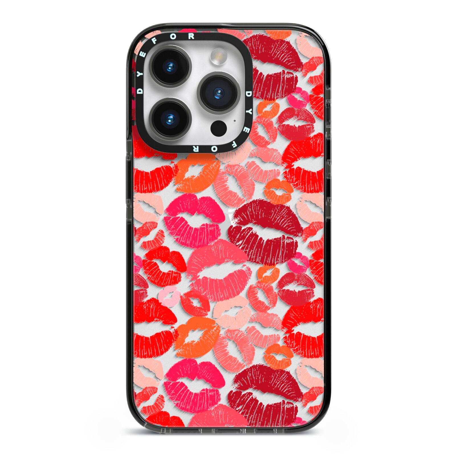 Kiss Print iPhone 14 Pro Black Impact Case on Silver phone