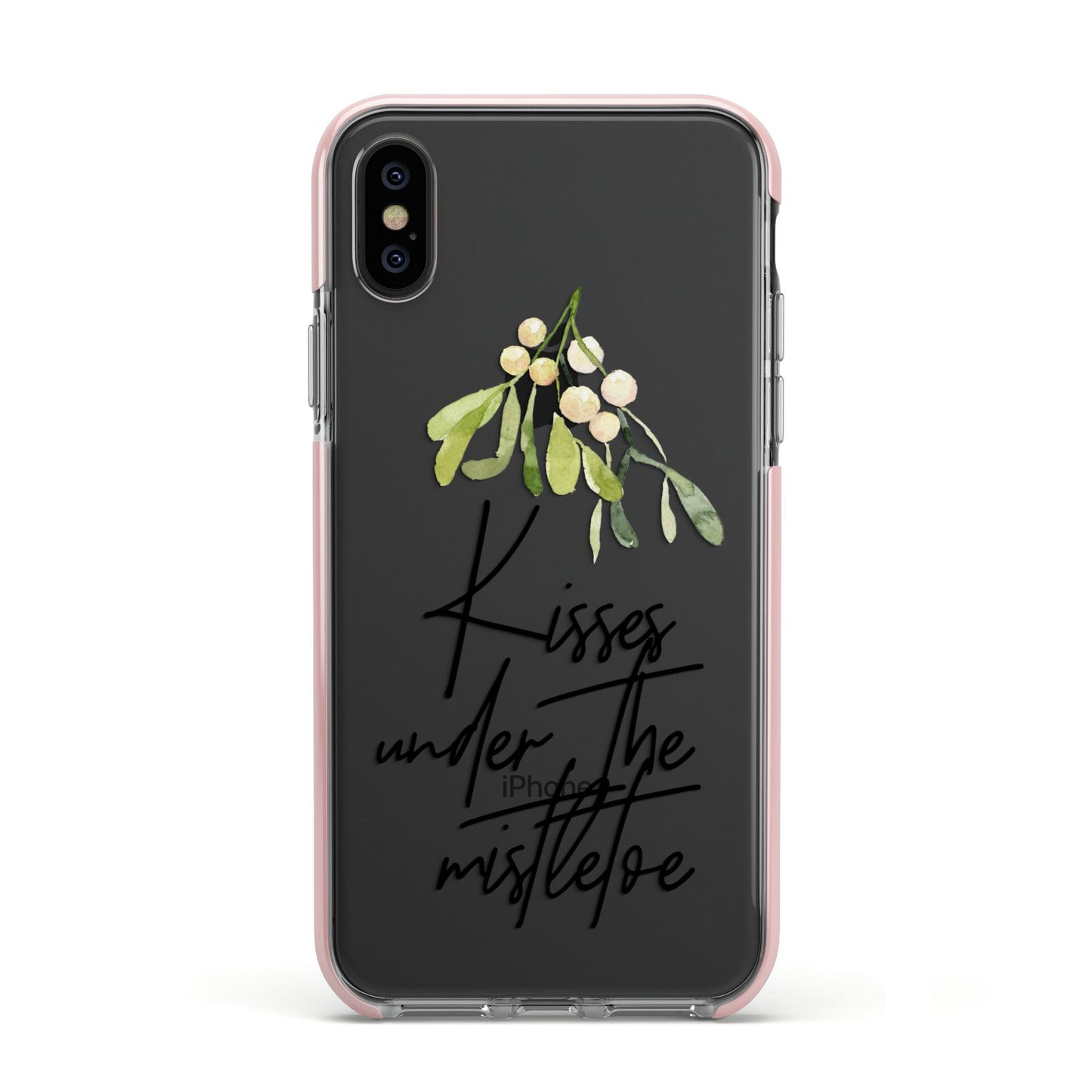 Kisses Under The Mistletoe Apple iPhone Xs Impact Case Pink Edge on Black Phone