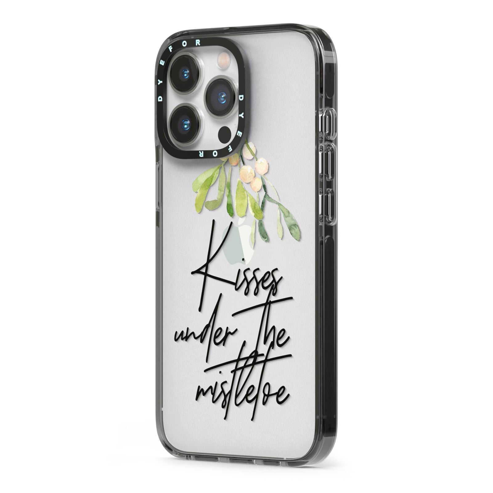 Kisses Under The Mistletoe iPhone 13 Pro Black Impact Case Side Angle on Silver phone