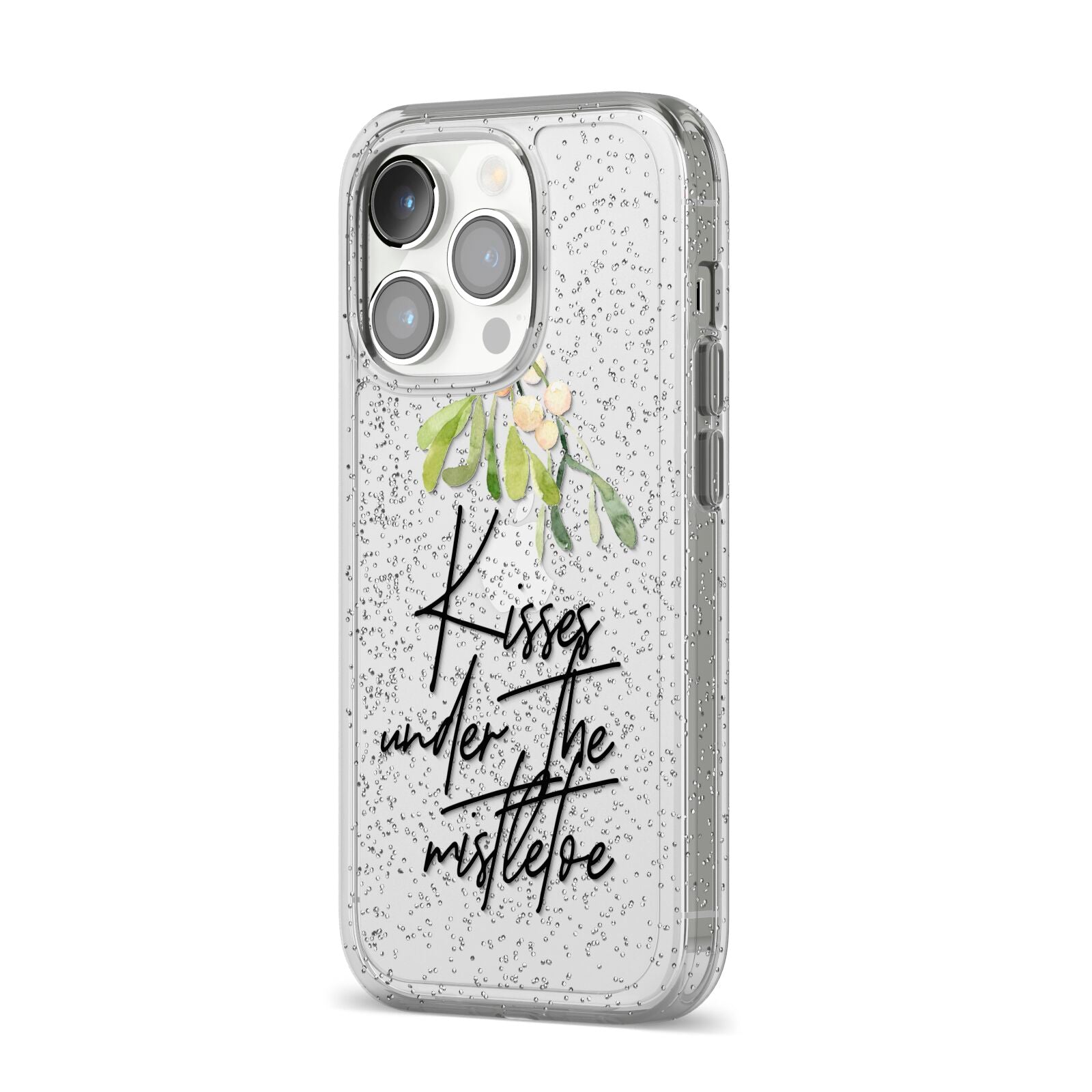 Kisses Under The Mistletoe iPhone 14 Pro Glitter Tough Case Silver Angled Image