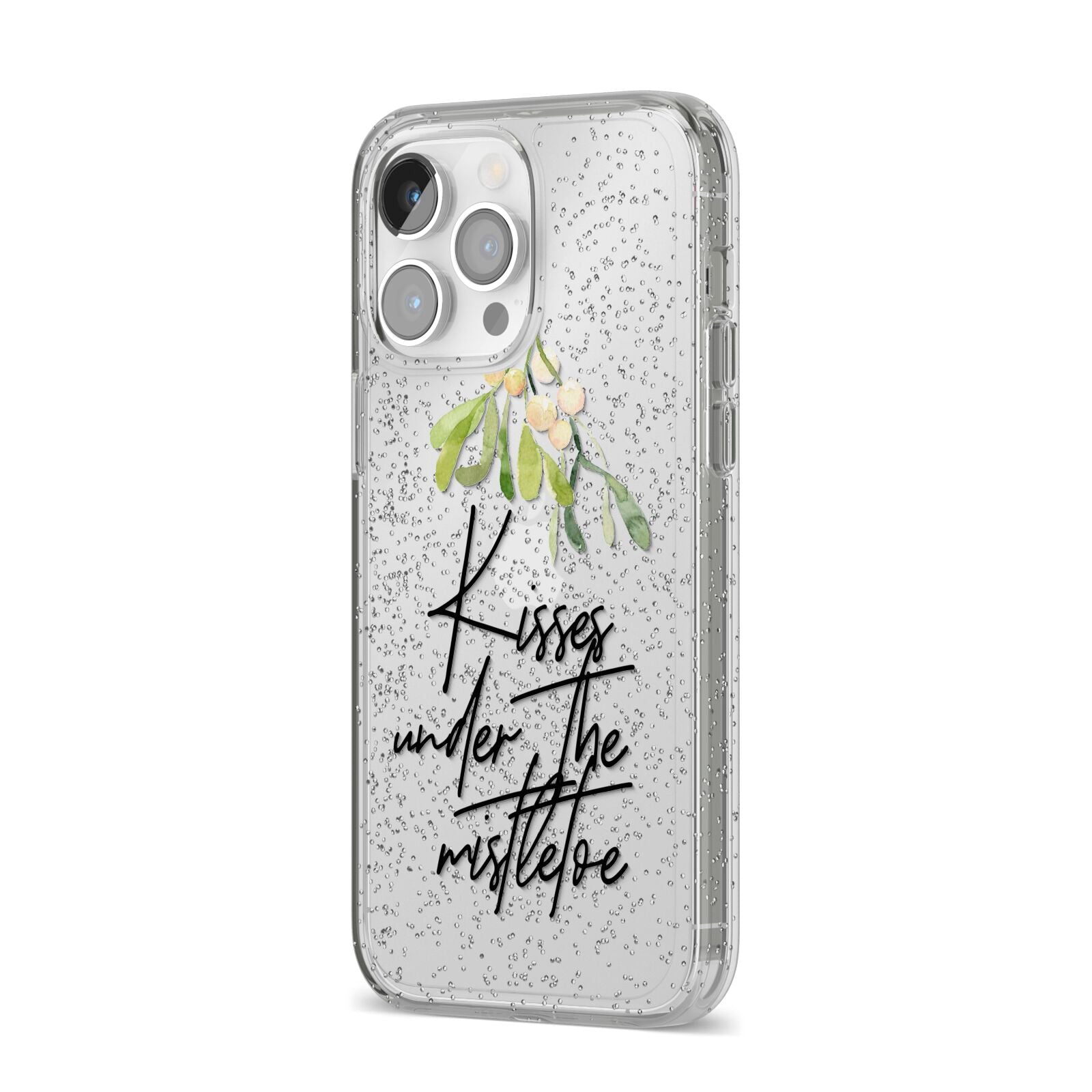 Kisses Under The Mistletoe iPhone 14 Pro Max Glitter Tough Case Silver Angled Image