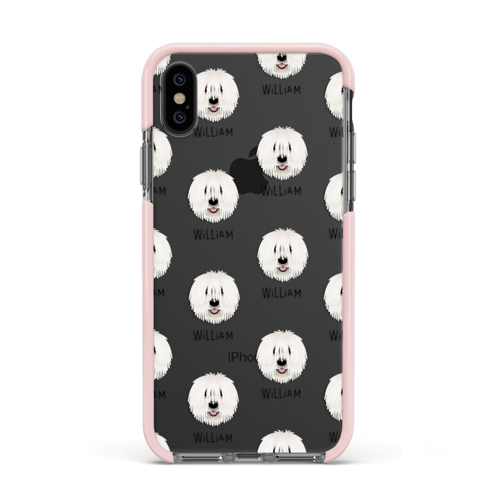 Komondor Icon with Name Apple iPhone Xs Impact Case Pink Edge on Black Phone