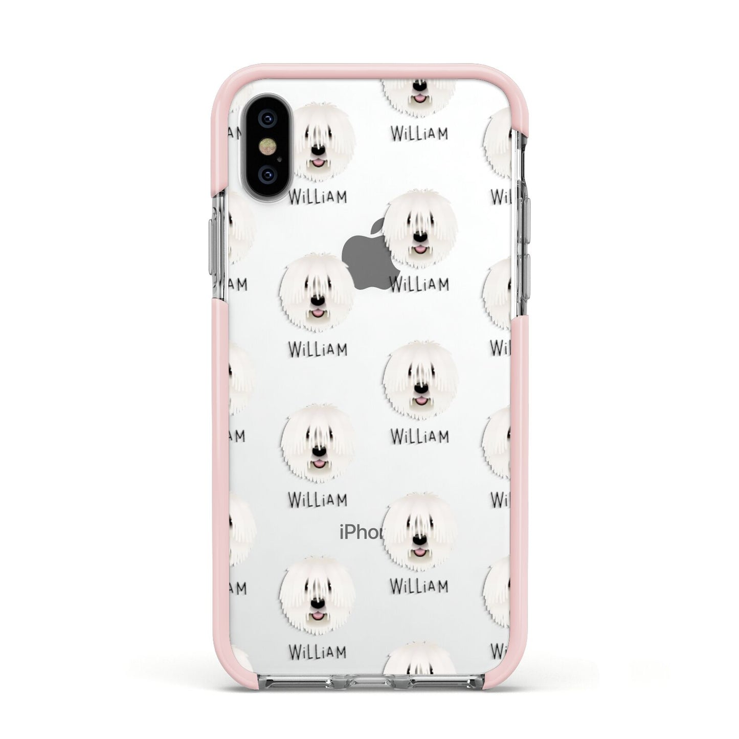 Komondor Icon with Name Apple iPhone Xs Impact Case Pink Edge on Silver Phone