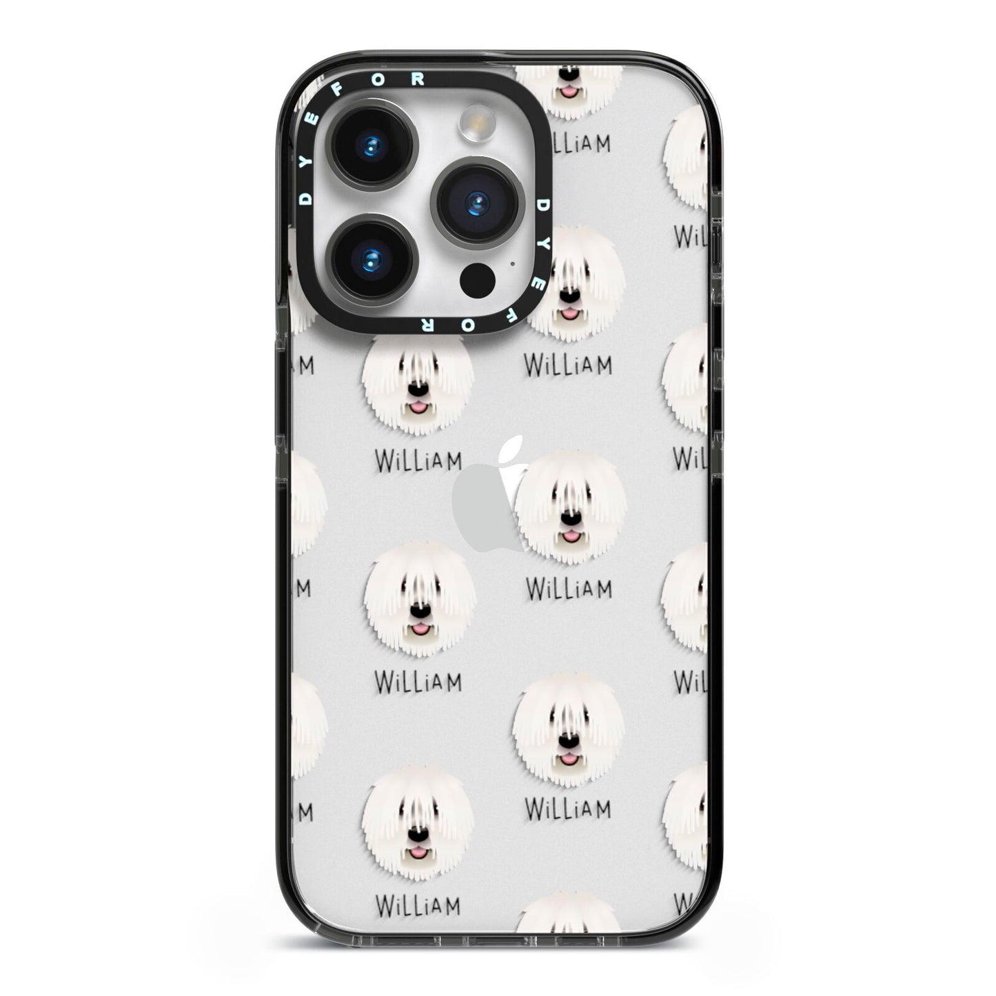 Komondor Icon with Name iPhone 14 Pro Black Impact Case on Silver phone