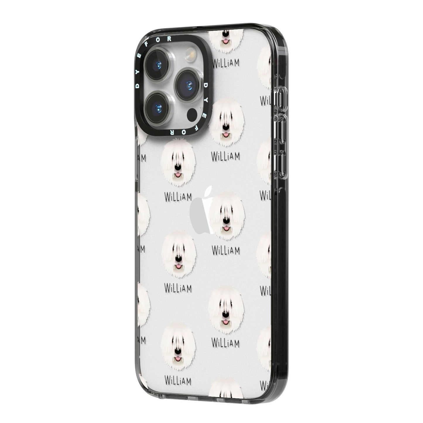 Komondor Icon with Name iPhone 14 Pro Max Black Impact Case Side Angle on Silver phone