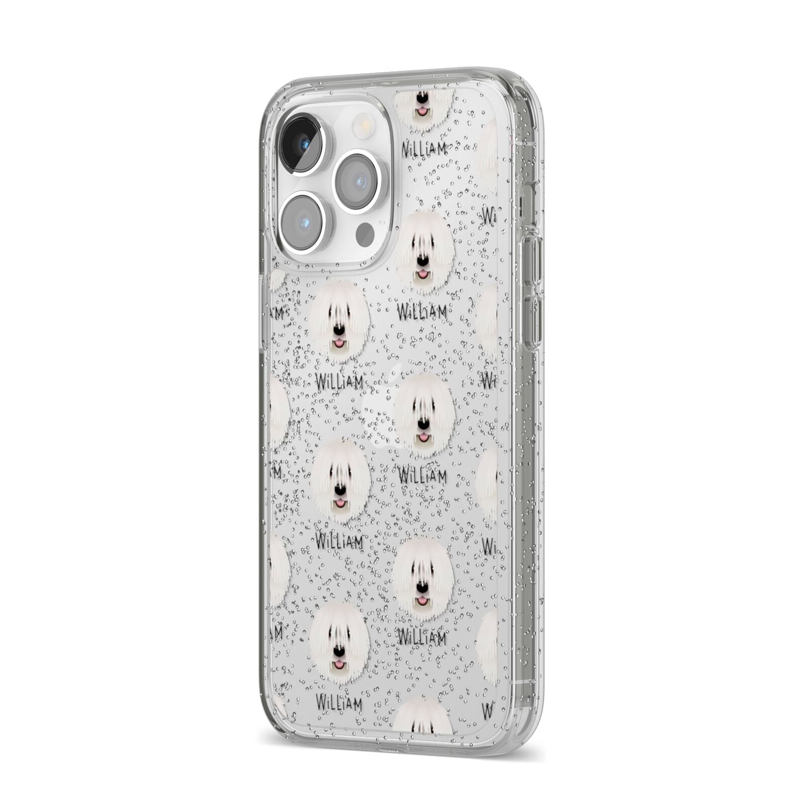 Komondor Icon with Name iPhone 14 Pro Max Glitter Tough Case Silver Angled Image