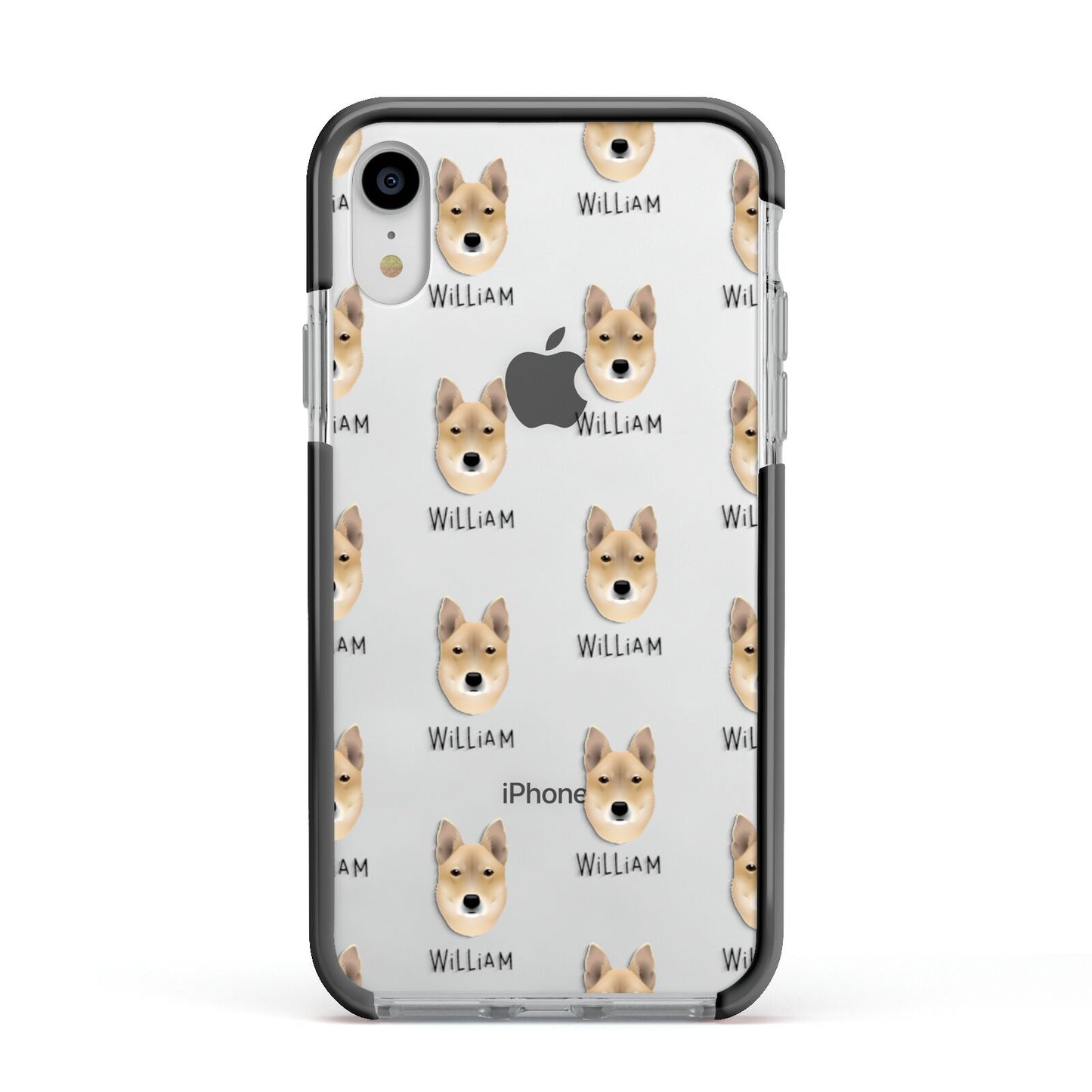 Korean Jindo Icon with Name Apple iPhone XR Impact Case Black Edge on Silver Phone