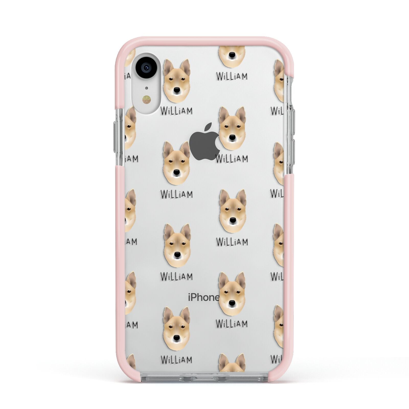 Korean Jindo Icon with Name Apple iPhone XR Impact Case Pink Edge on Silver Phone