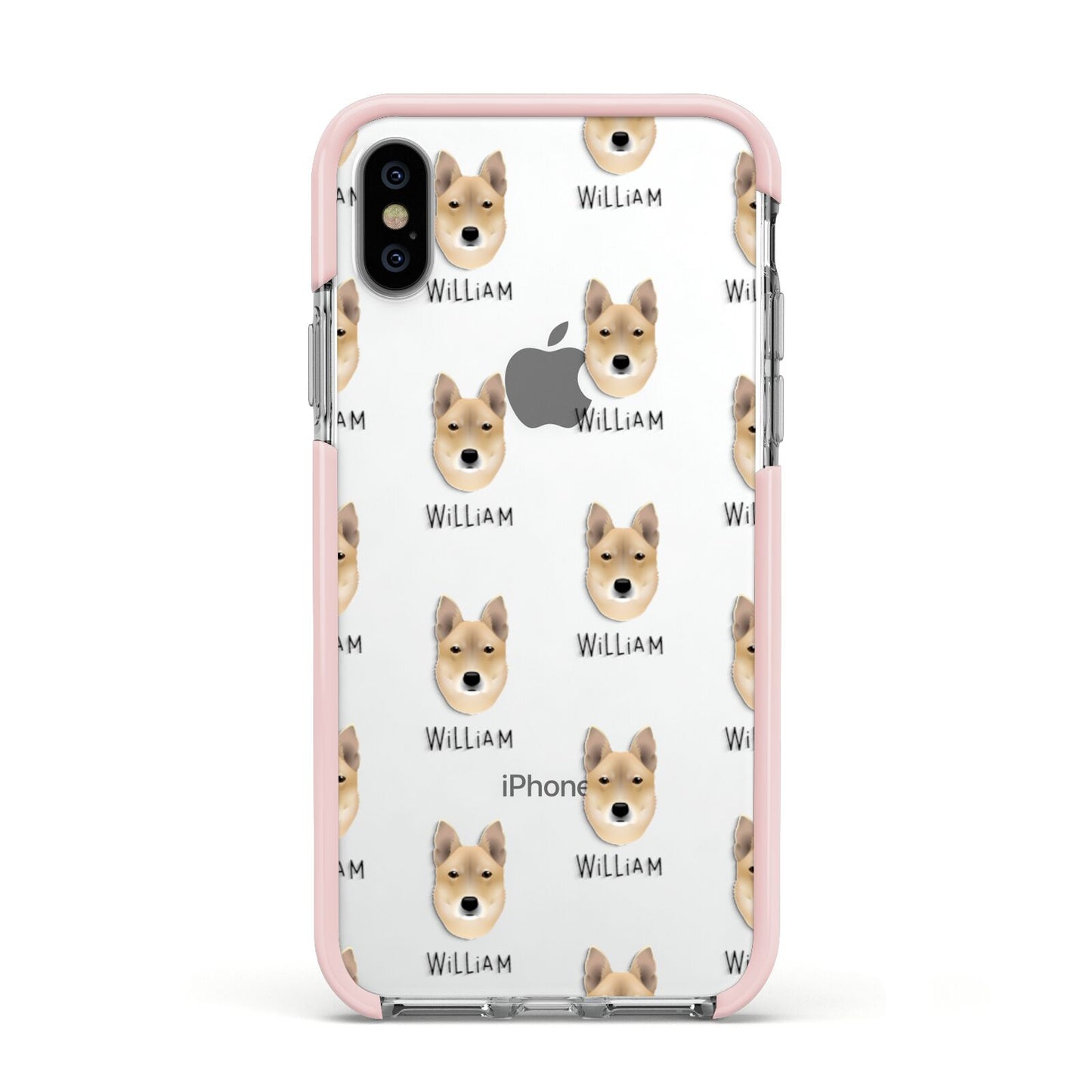 Korean Jindo Icon with Name Apple iPhone Xs Impact Case Pink Edge on Silver Phone