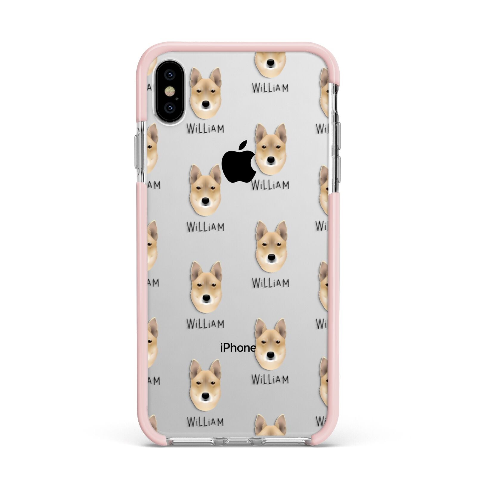 Korean Jindo Icon with Name Apple iPhone Xs Max Impact Case Pink Edge on Silver Phone