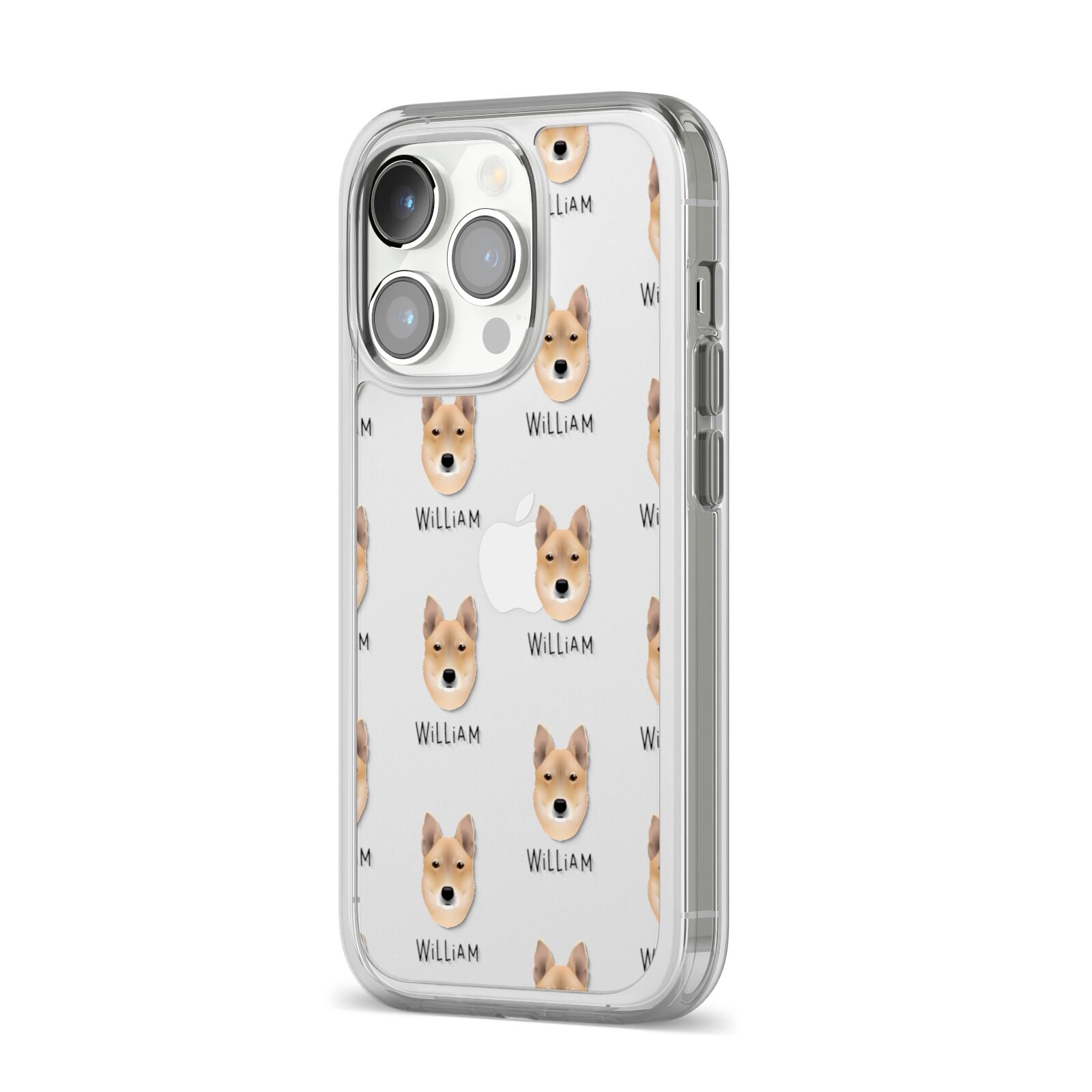 Korean Jindo Icon with Name iPhone 14 Pro Clear Tough Case Silver Angled Image