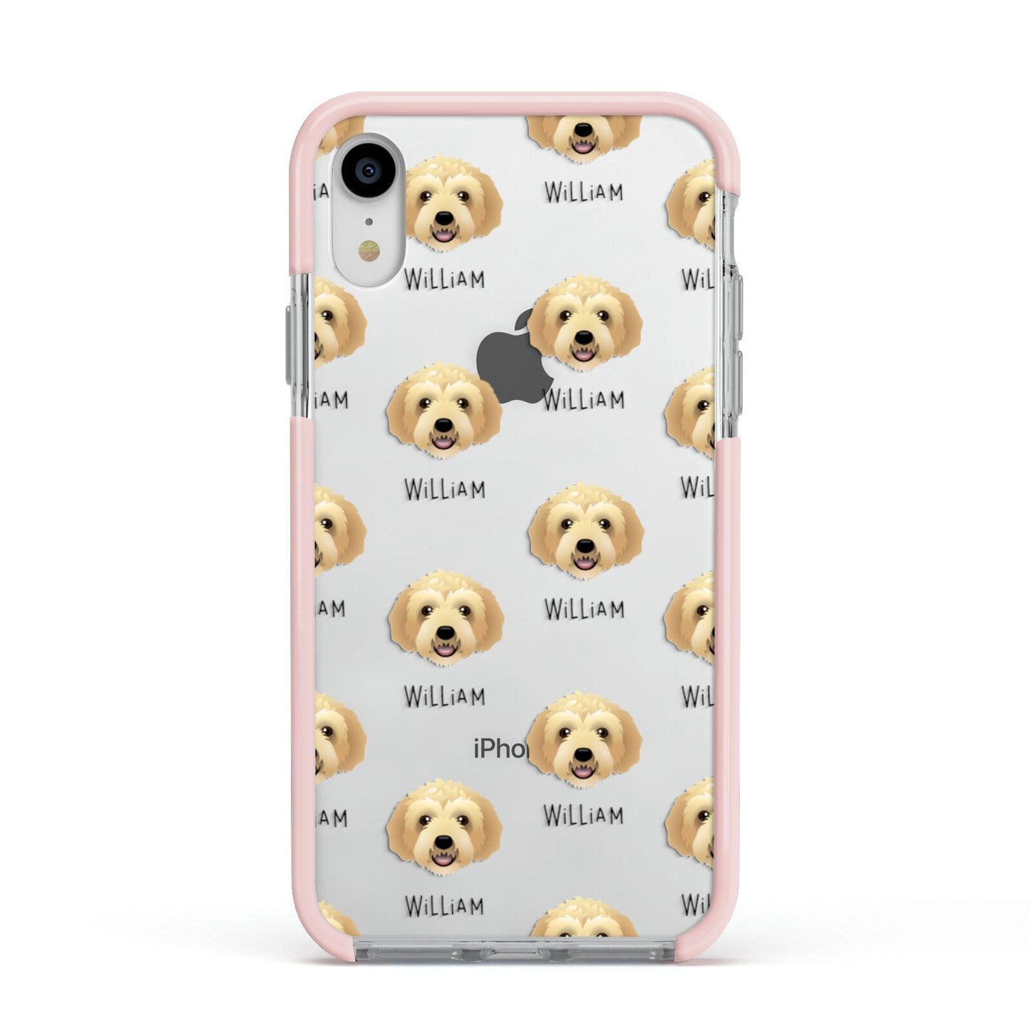 Labradoodle Icon with Name Apple iPhone XR Impact Case Pink Edge on Silver Phone