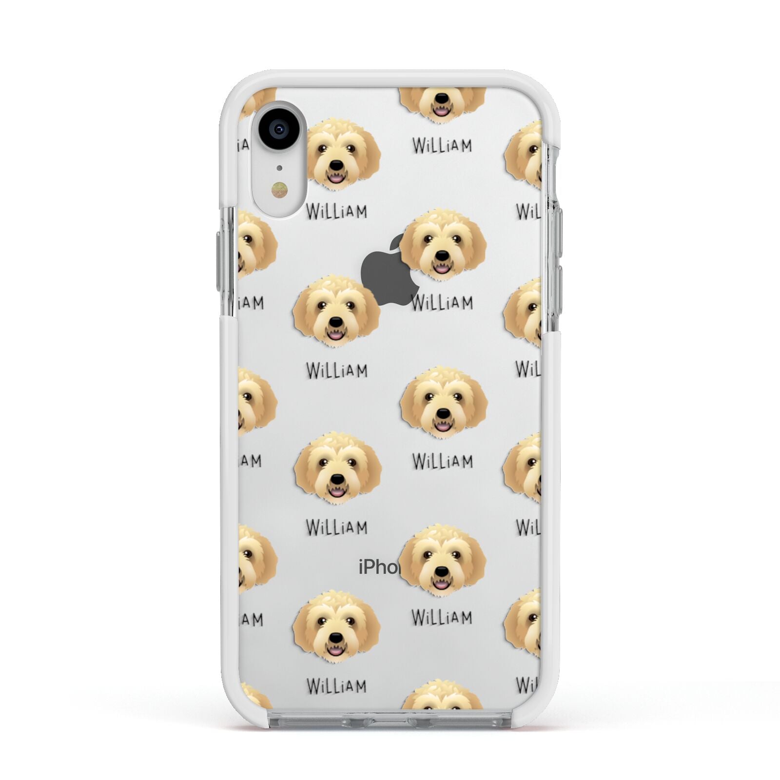Labradoodle Icon with Name Apple iPhone XR Impact Case White Edge on Silver Phone