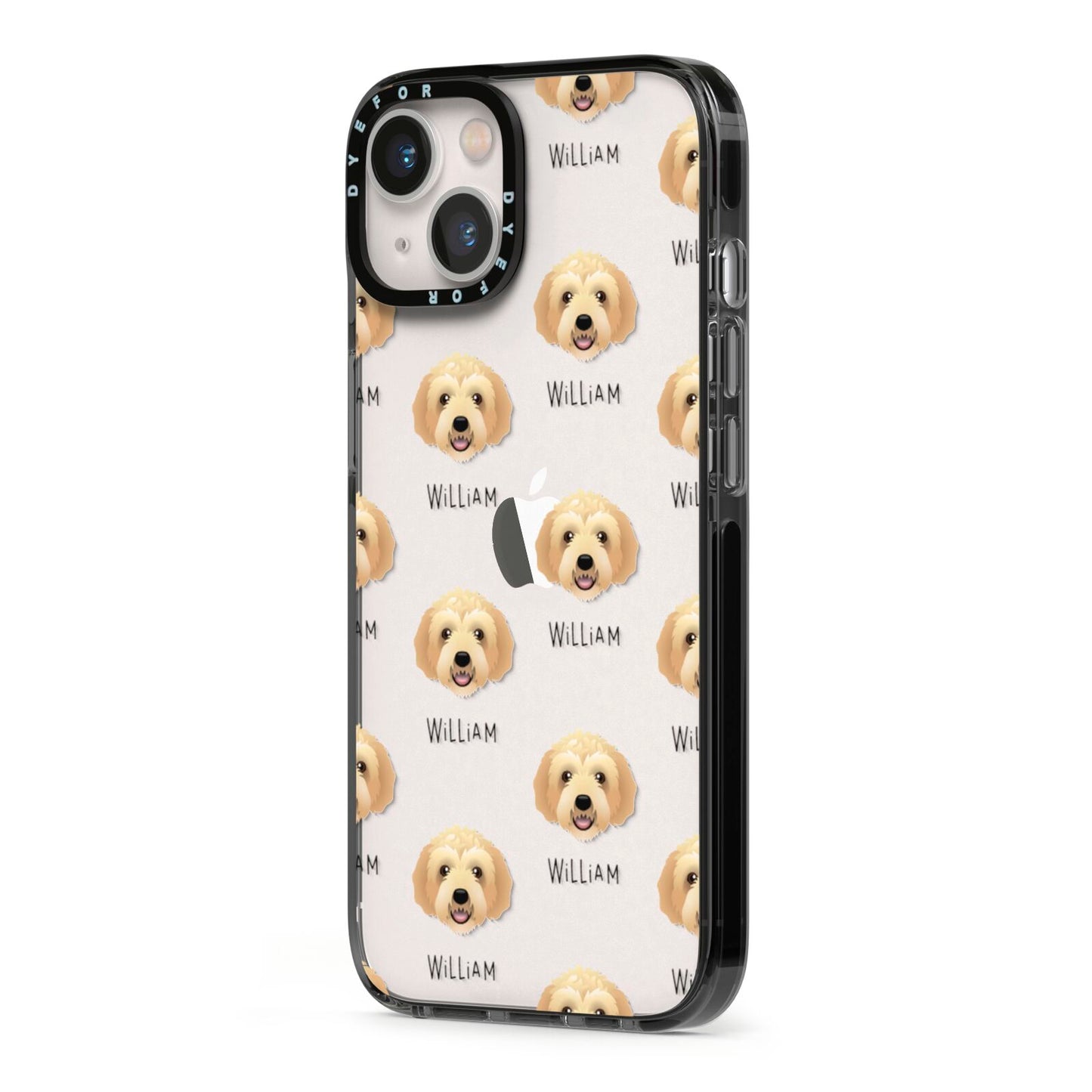 Labradoodle Icon with Name iPhone 13 Black Impact Case Side Angle on Silver phone