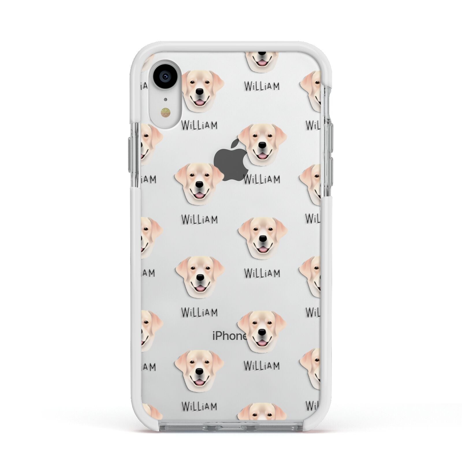 Labrador Retriever Icon with Name Apple iPhone XR Impact Case White Edge on Silver Phone