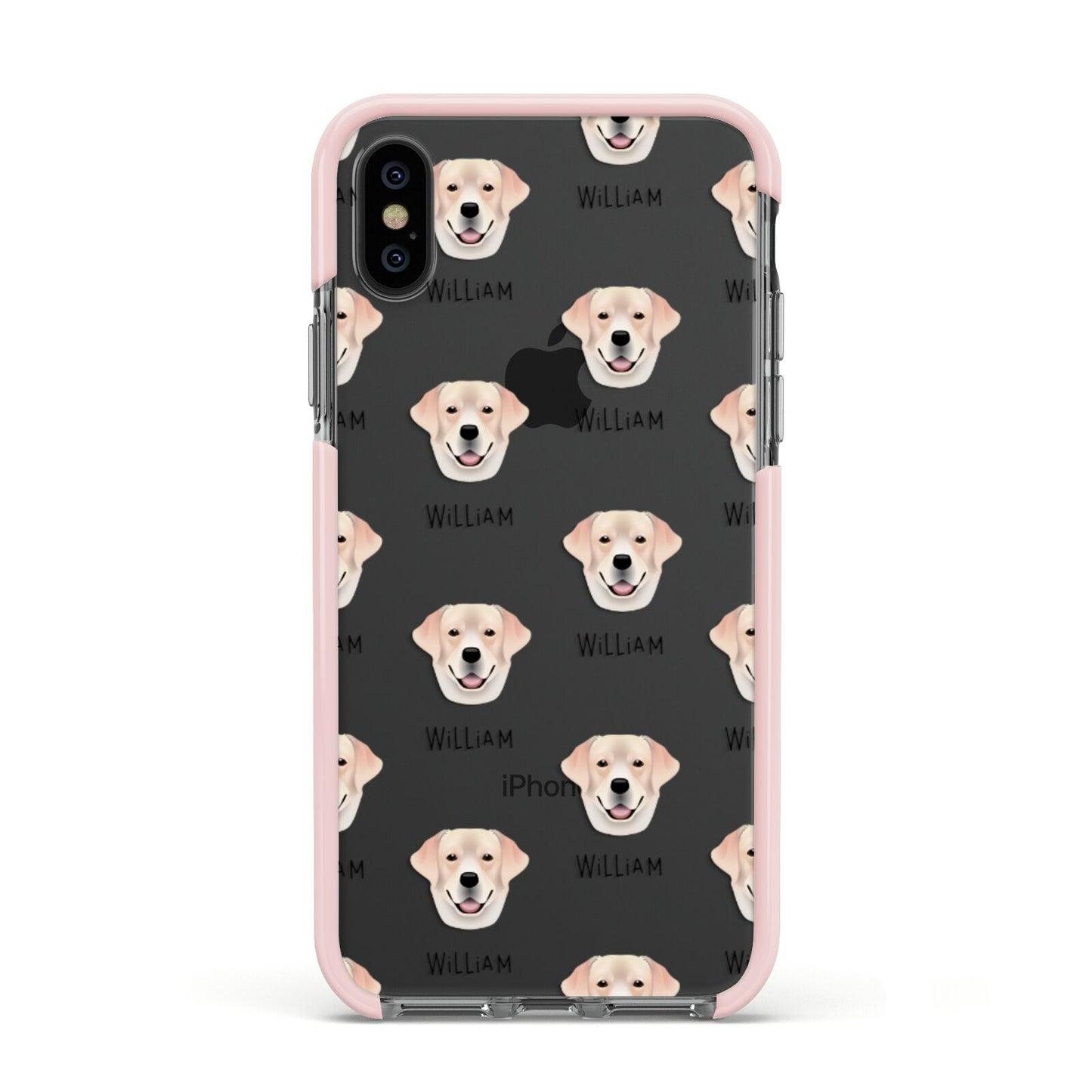 Labrador Retriever Icon with Name Apple iPhone Xs Impact Case Pink Edge on Black Phone