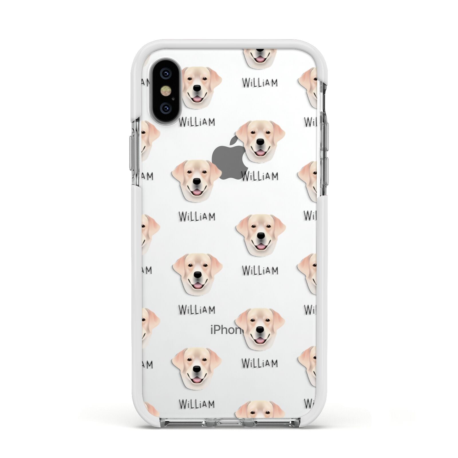 Labrador Retriever Icon with Name Apple iPhone Xs Impact Case White Edge on Silver Phone