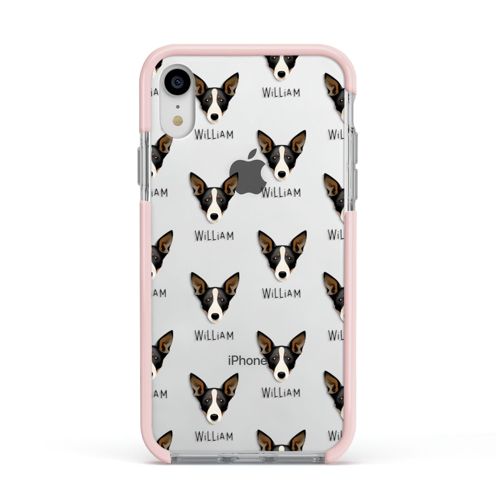 Lancashire Heeler Icon with Name Apple iPhone XR Impact Case Pink Edge on Silver Phone
