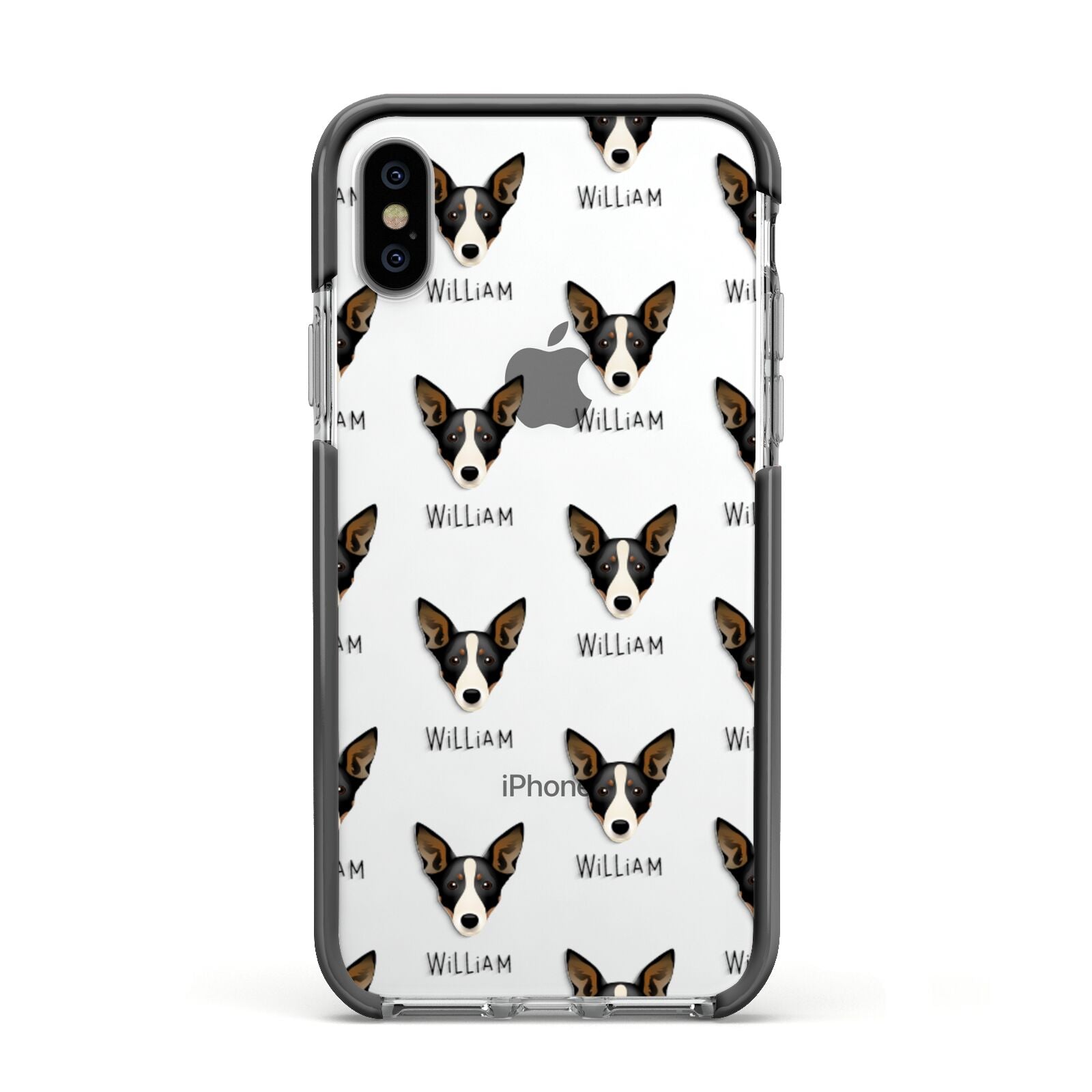 Lancashire Heeler Icon with Name Apple iPhone Xs Impact Case Black Edge on Silver Phone