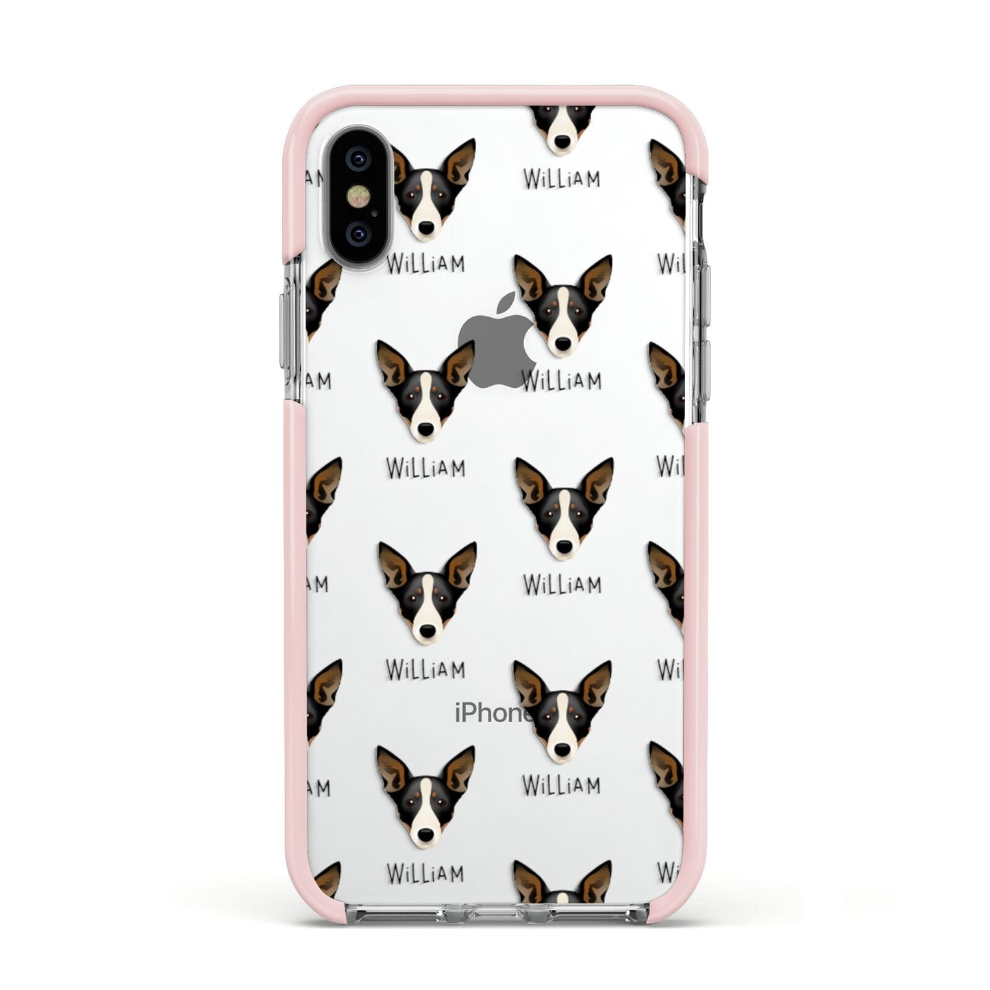 Lancashire Heeler Icon with Name Apple iPhone Xs Impact Case Pink Edge on Silver Phone