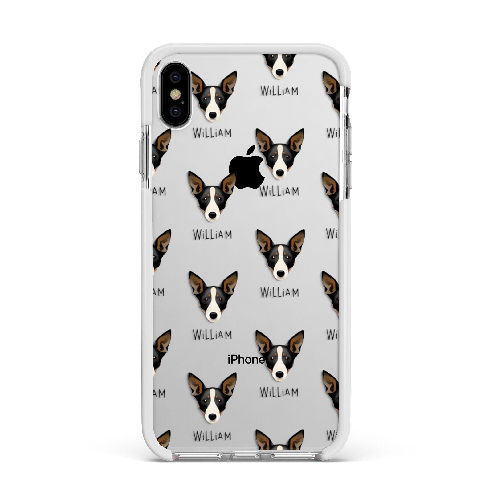 Lancashire Heeler Icon with Name Apple iPhone Xs Max Impact Case White Edge on Silver Phone