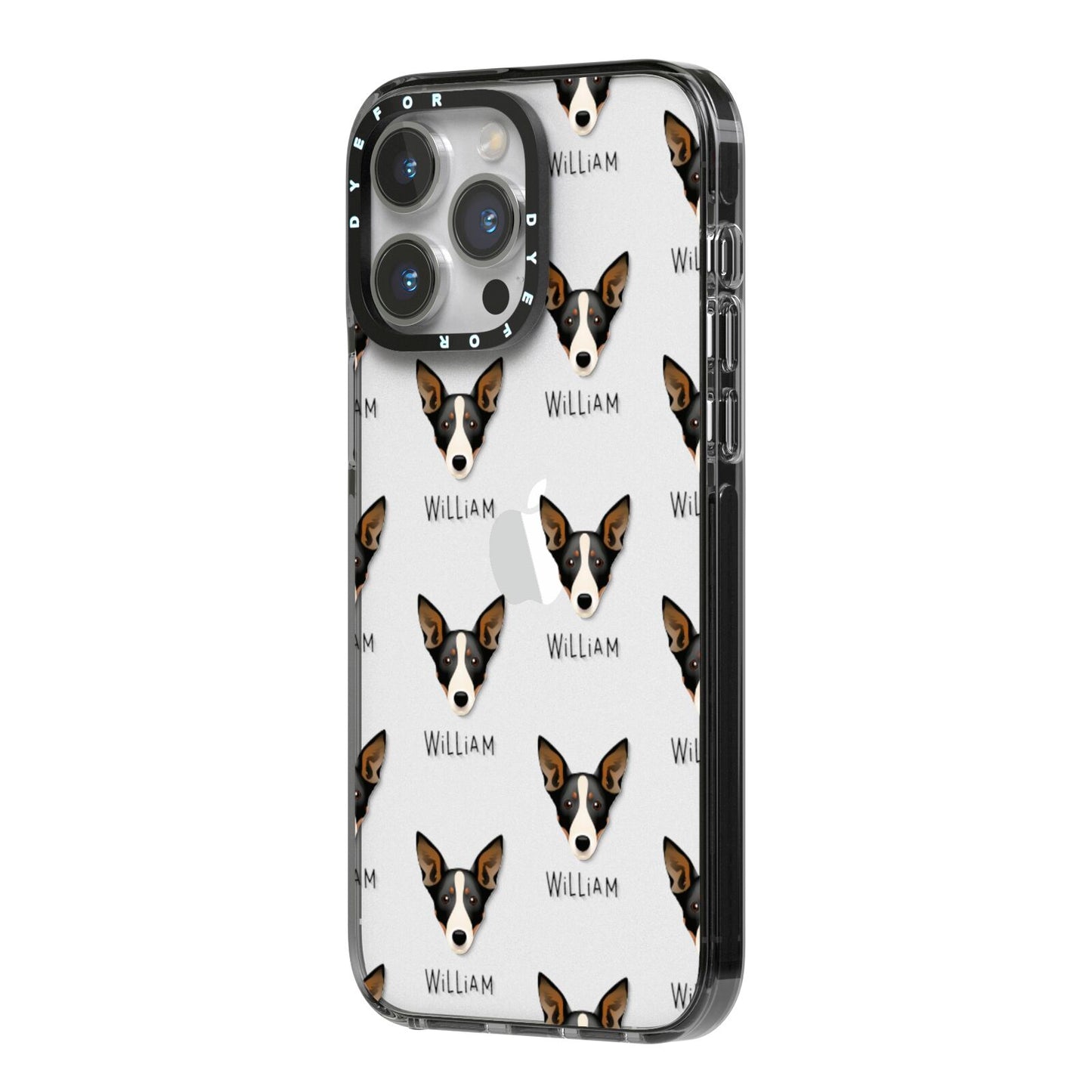 Lancashire Heeler Icon with Name iPhone 14 Pro Max Black Impact Case Side Angle on Silver phone