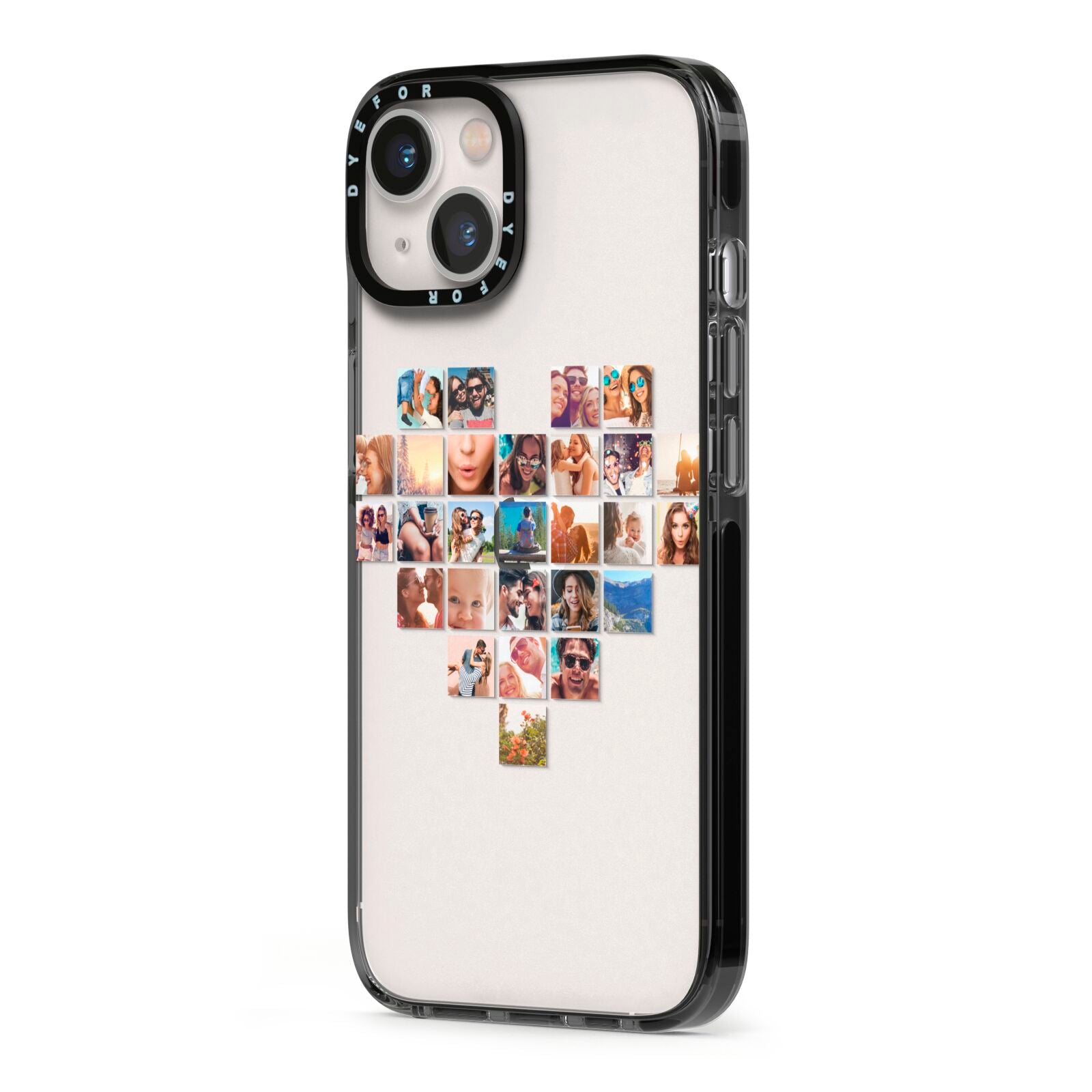 Large Heart Photo Montage Upload iPhone 13 Black Impact Case Side Angle on Silver phone