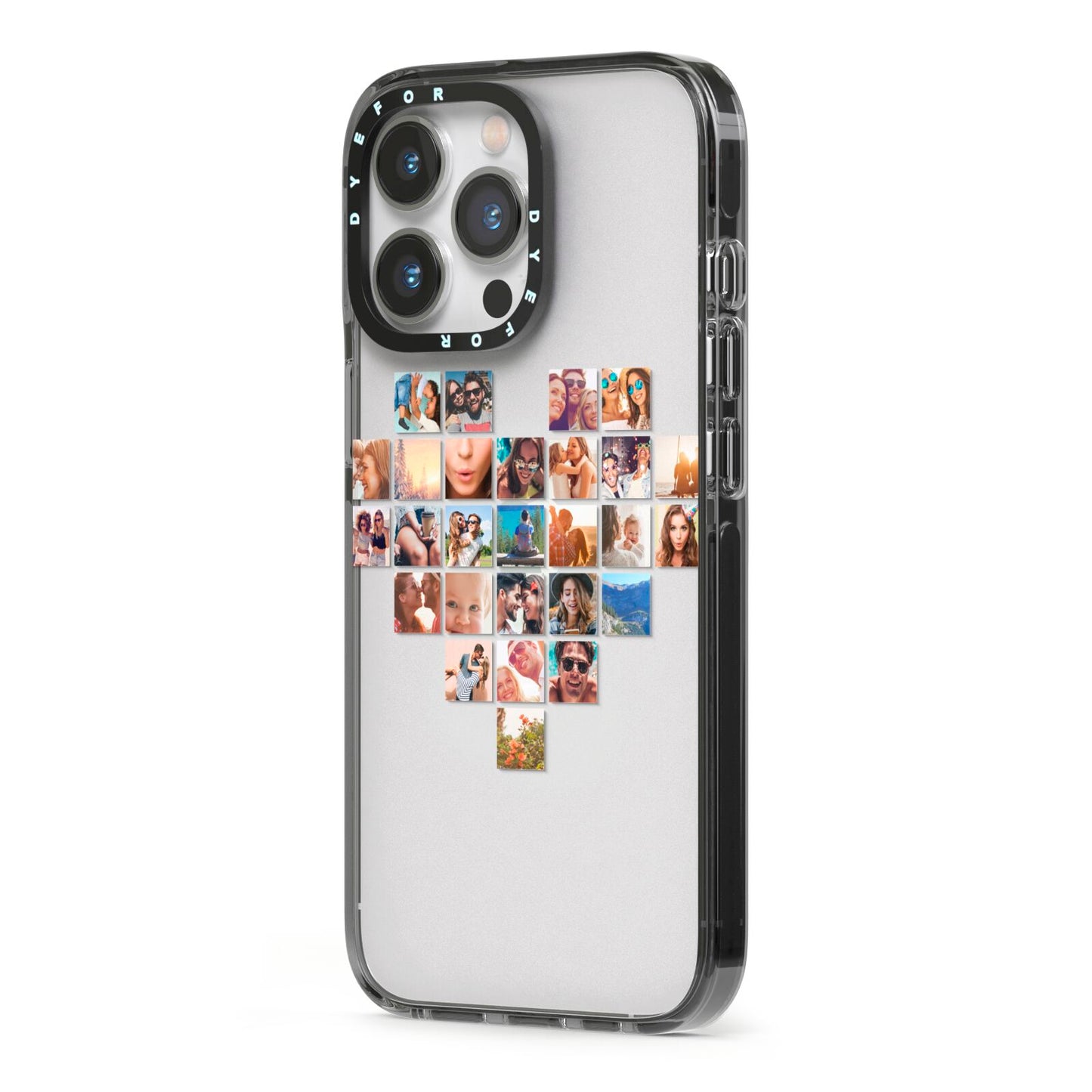 Large Heart Photo Montage Upload iPhone 13 Pro Black Impact Case Side Angle on Silver phone