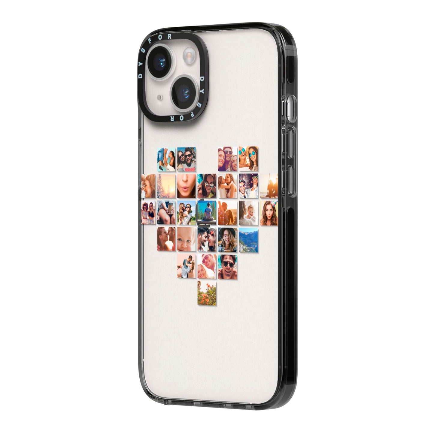 Large Heart Photo Montage Upload iPhone 14 Black Impact Case Side Angle on Silver phone