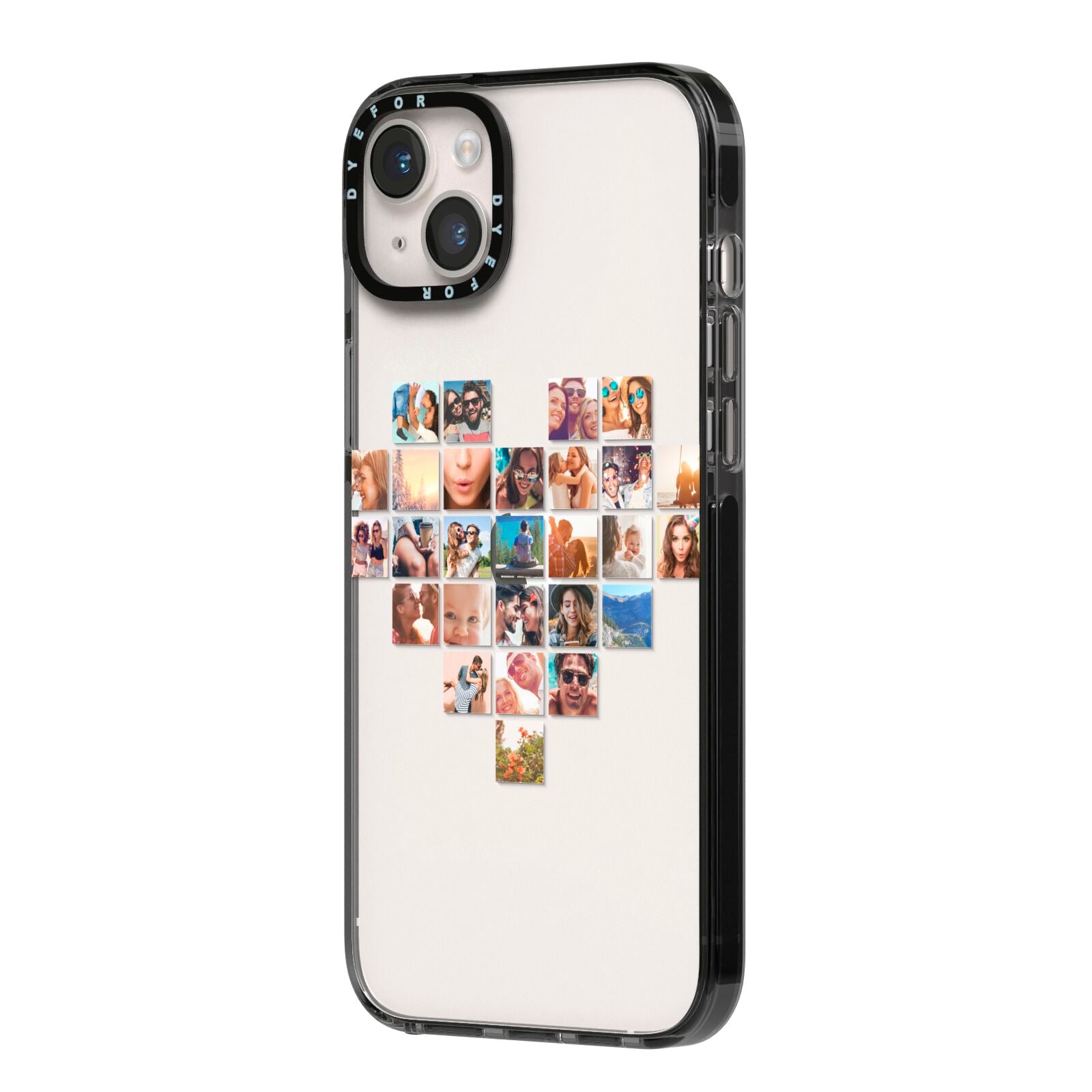 Large Heart Photo Montage Upload iPhone 14 Plus Black Impact Case Side Angle on Silver phone