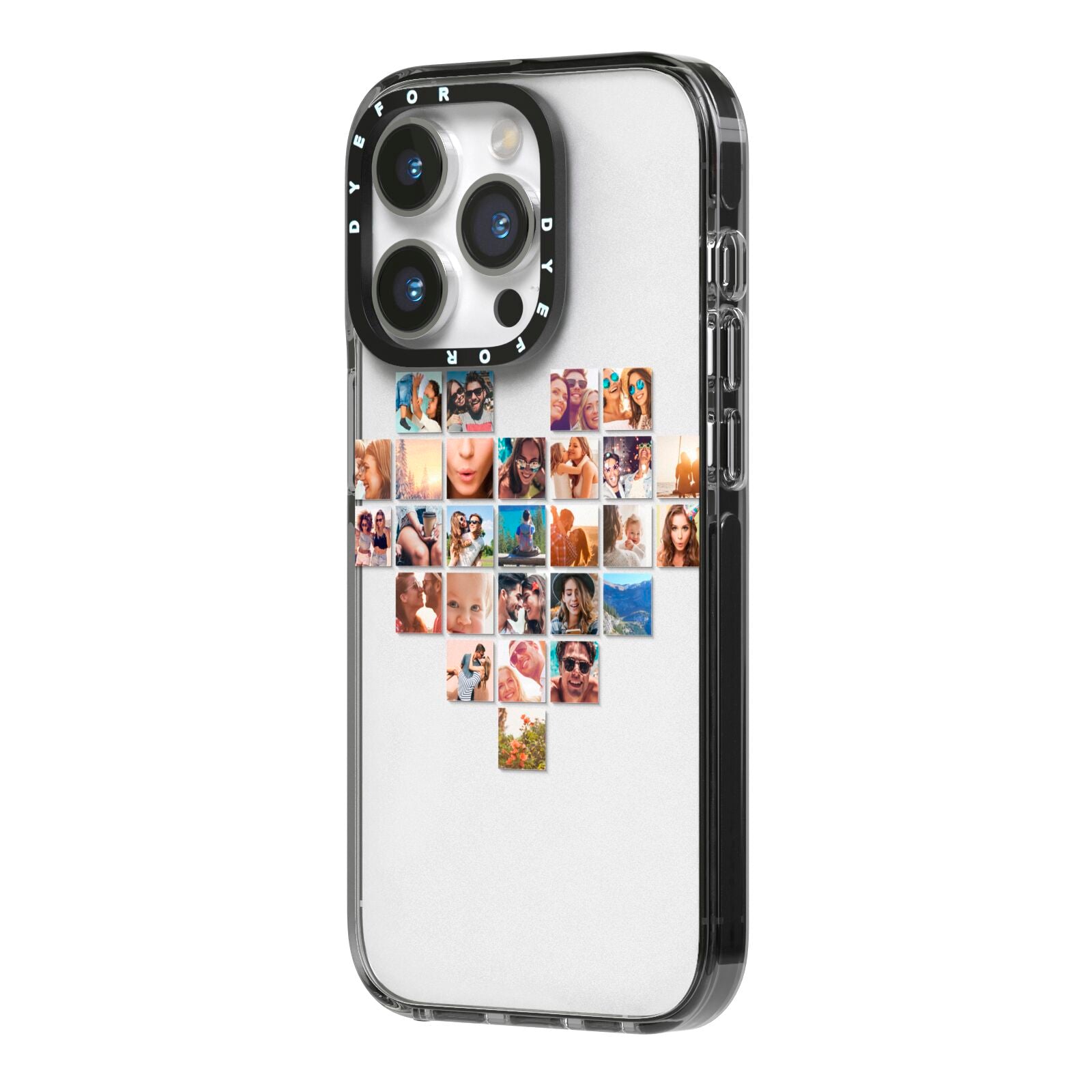 Large Heart Photo Montage Upload iPhone 14 Pro Black Impact Case Side Angle on Silver phone
