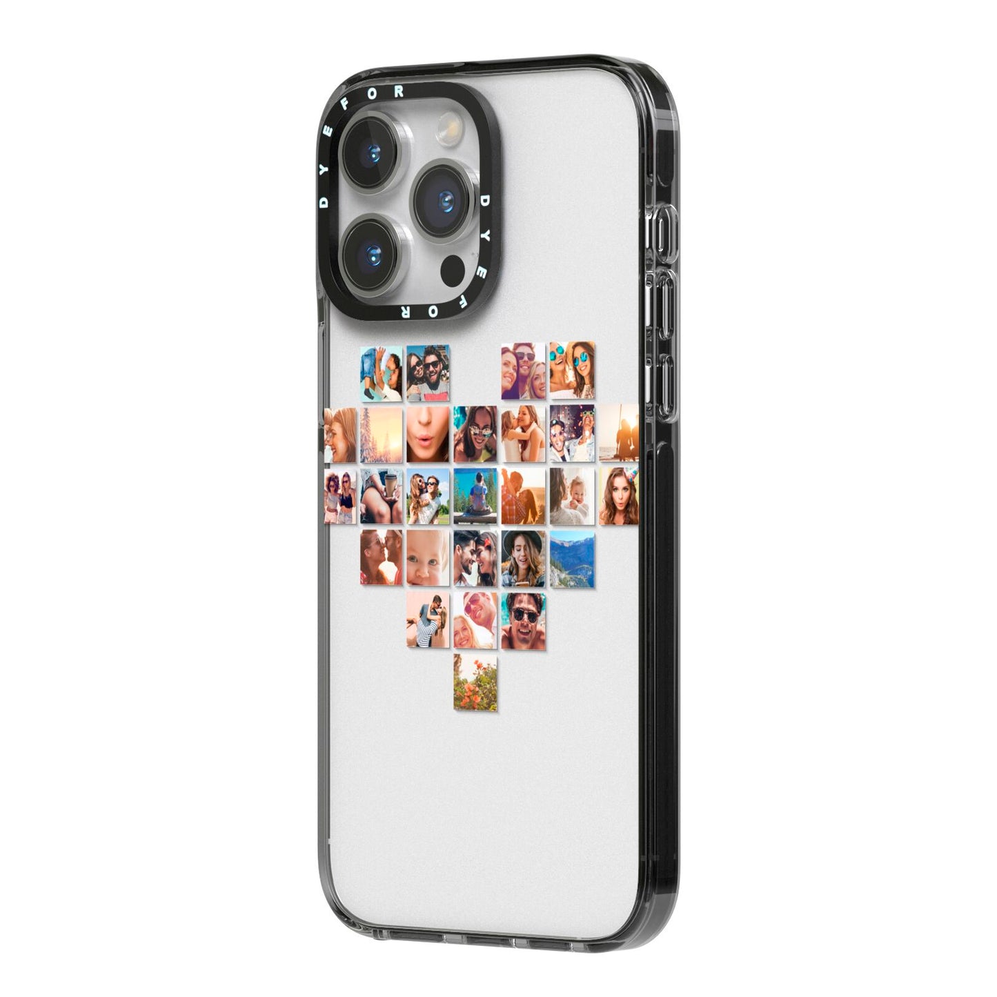 Large Heart Photo Montage Upload iPhone 14 Pro Max Black Impact Case Side Angle on Silver phone