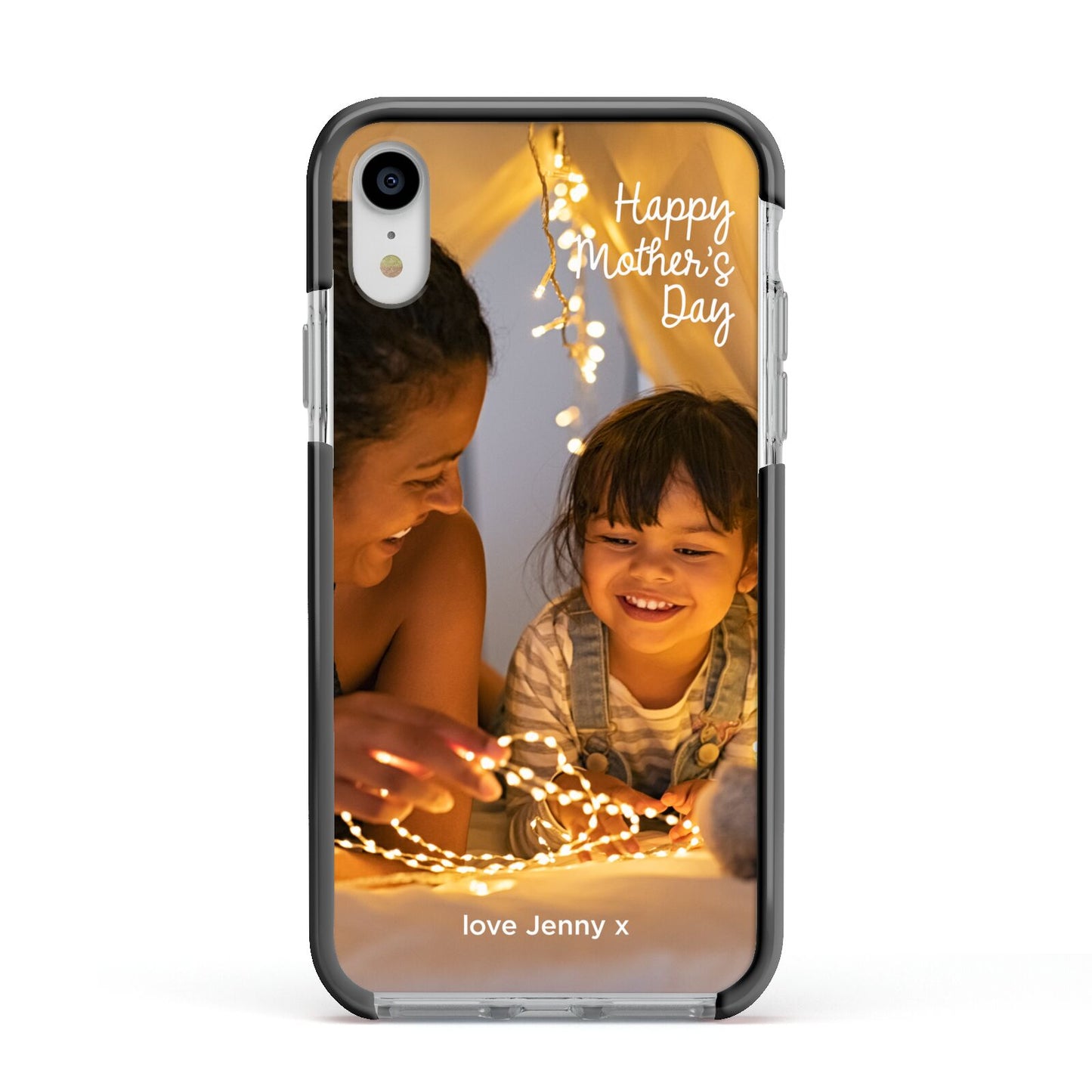 Large Mothers Day Photo with Name Apple iPhone XR Impact Case Black Edge on Silver Phone