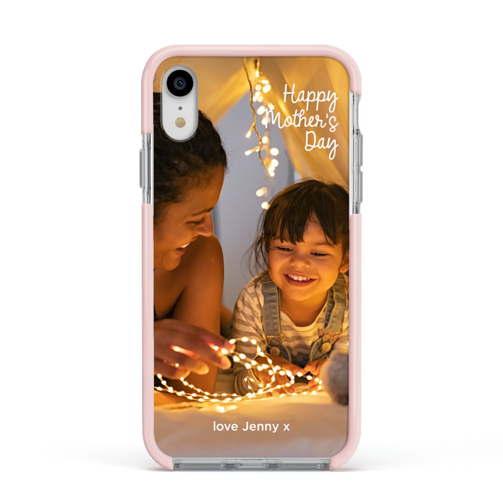 Large Mothers Day Photo with Name Apple iPhone XR Impact Case Pink Edge on Silver Phone