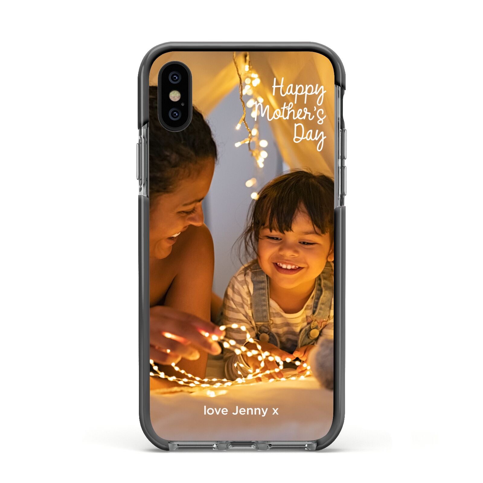 Large Mothers Day Photo with Name Apple iPhone Xs Impact Case Black Edge on Black Phone