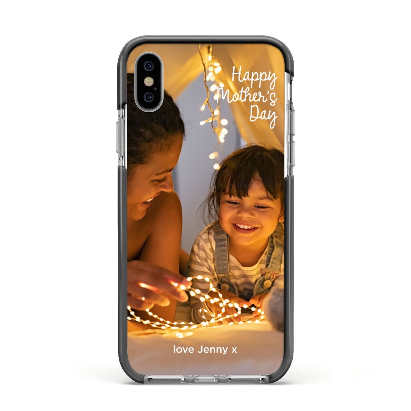 Large Mothers Day Photo with Name Apple iPhone Xs Impact Case Black Edge on Silver Phone