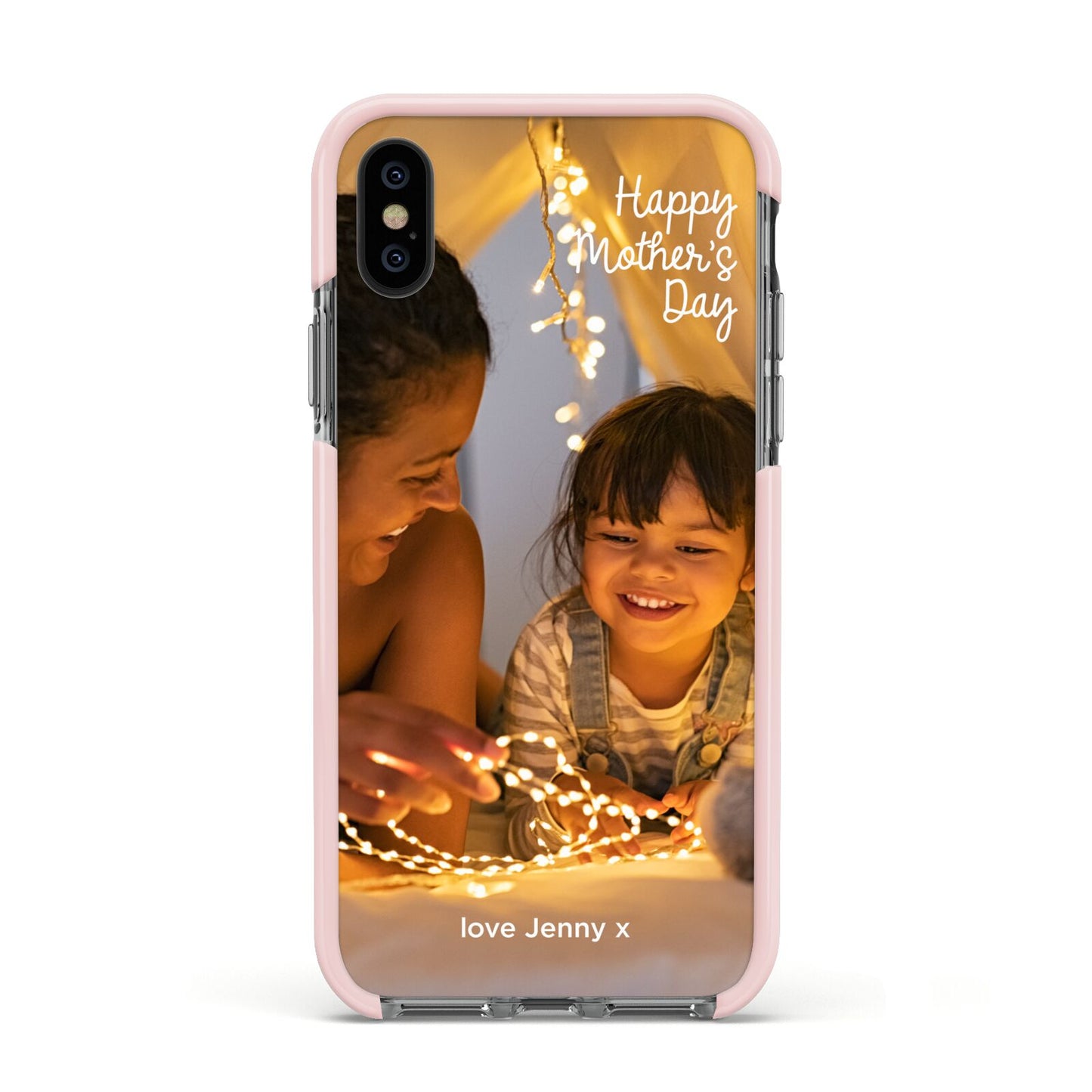 Large Mothers Day Photo with Name Apple iPhone Xs Impact Case Pink Edge on Black Phone