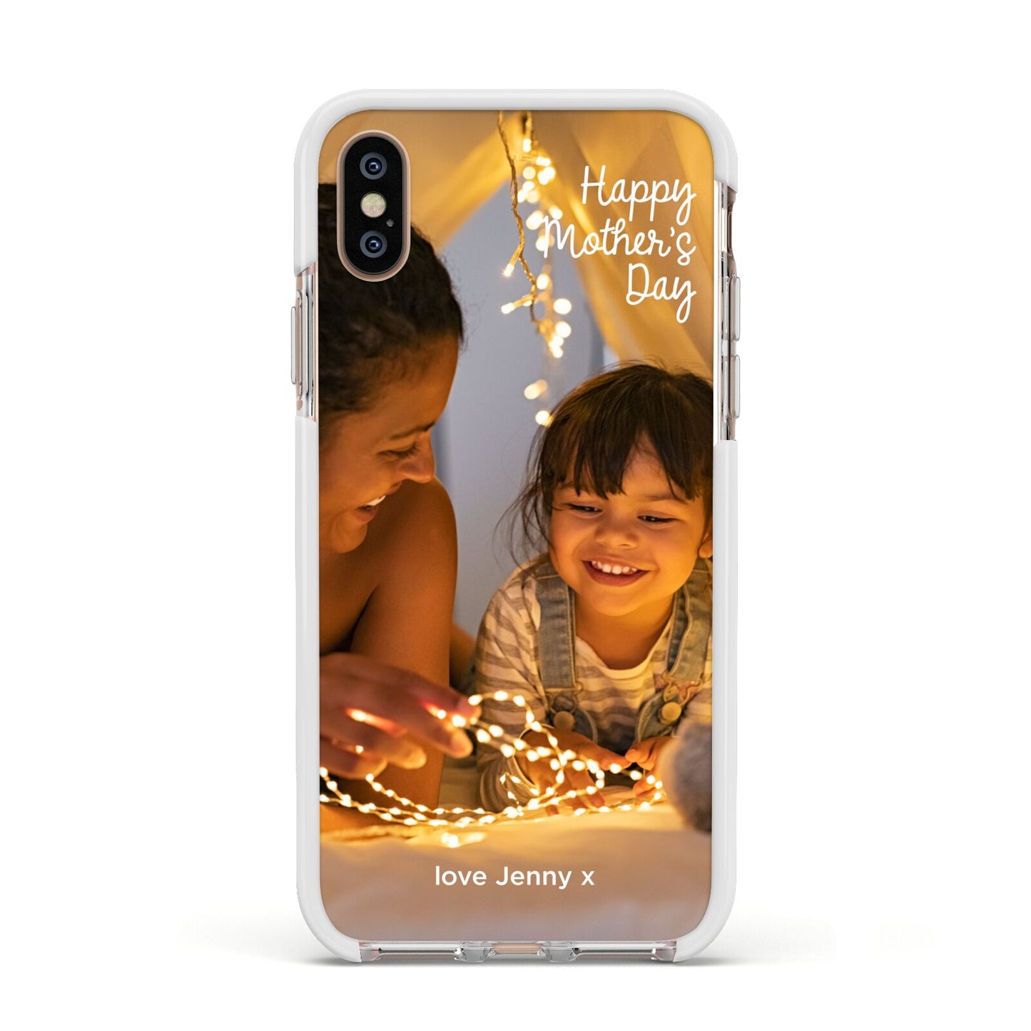 Large Mothers Day Photo with Name Apple iPhone Xs Impact Case White Edge on Gold Phone