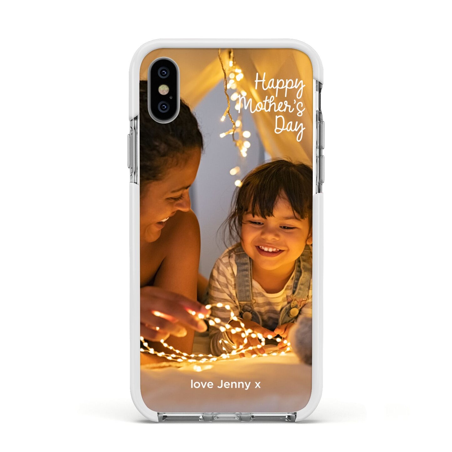 Large Mothers Day Photo with Name Apple iPhone Xs Impact Case White Edge on Silver Phone